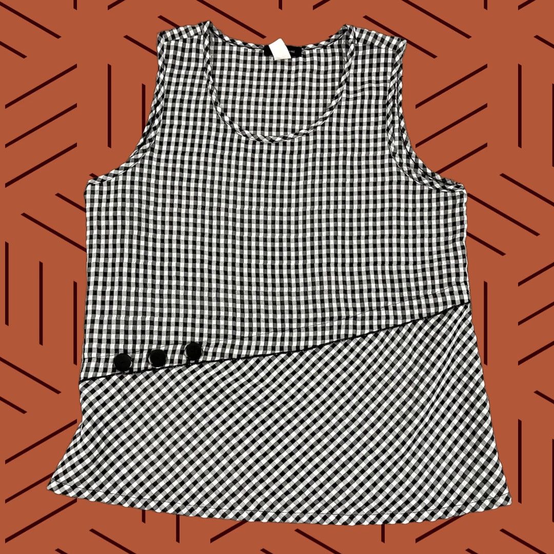 Vintage YUSHI Top Women XL Black White Plaid Asymmetric Slit Scoop Neck Blouse Sheer USA Size XL / US 12-14 / IT 48-50 - 1 Thumbnail