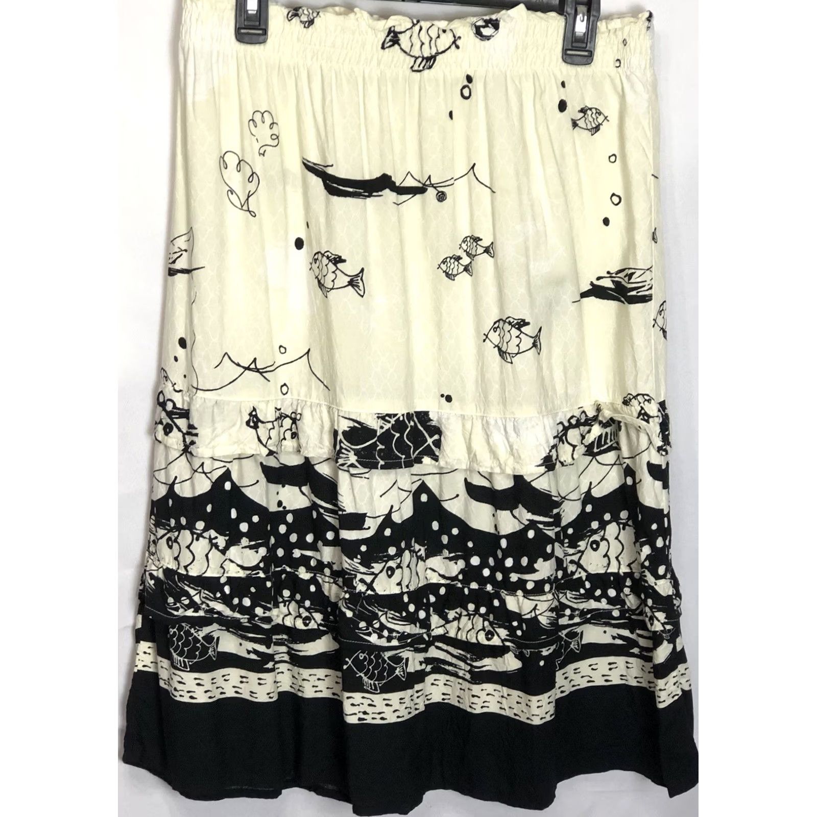 Vintage Line Two Midi Skirt L Ivory Yellow Ruffles Fish Abstract 32"W Artsy Fun Festival Skirt Women Knee Length Adults Fashion - Womens Size 36" / US 14 / IT 50 - 2 Thumbnail