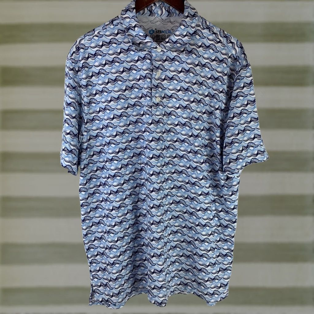 Vintage IBKUL Polo Shirt Mens XL Blue Wave Print UPF 50+ Performance Short Sleeve Size US XL / EU 56 / 4 - 1 Thumbnail