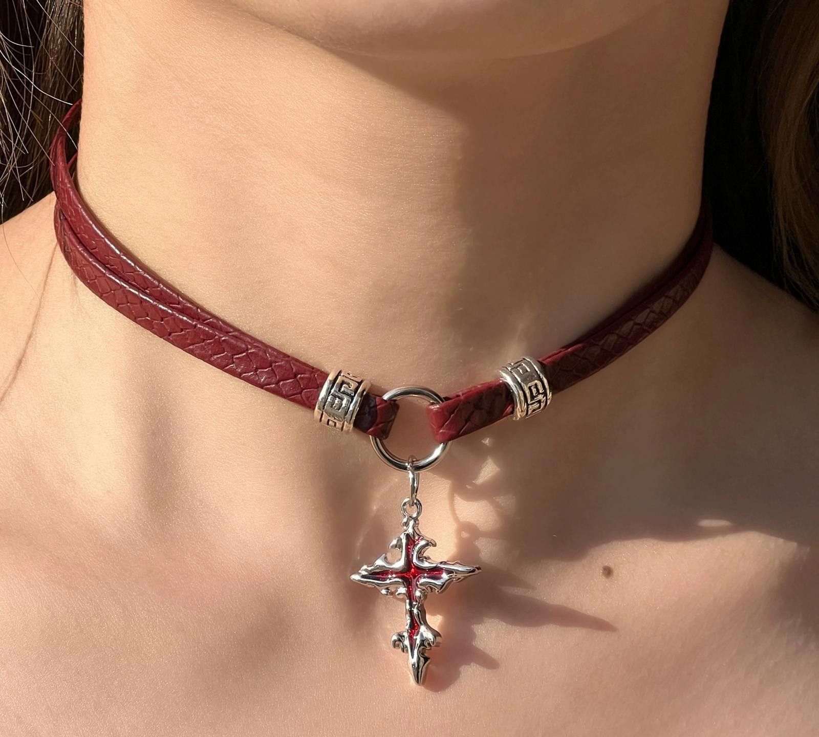 Jewelry Red Leather Cross Charm Choker Necklace, Gothic Jewelry Size ONE SIZE - 2 Thumbnail