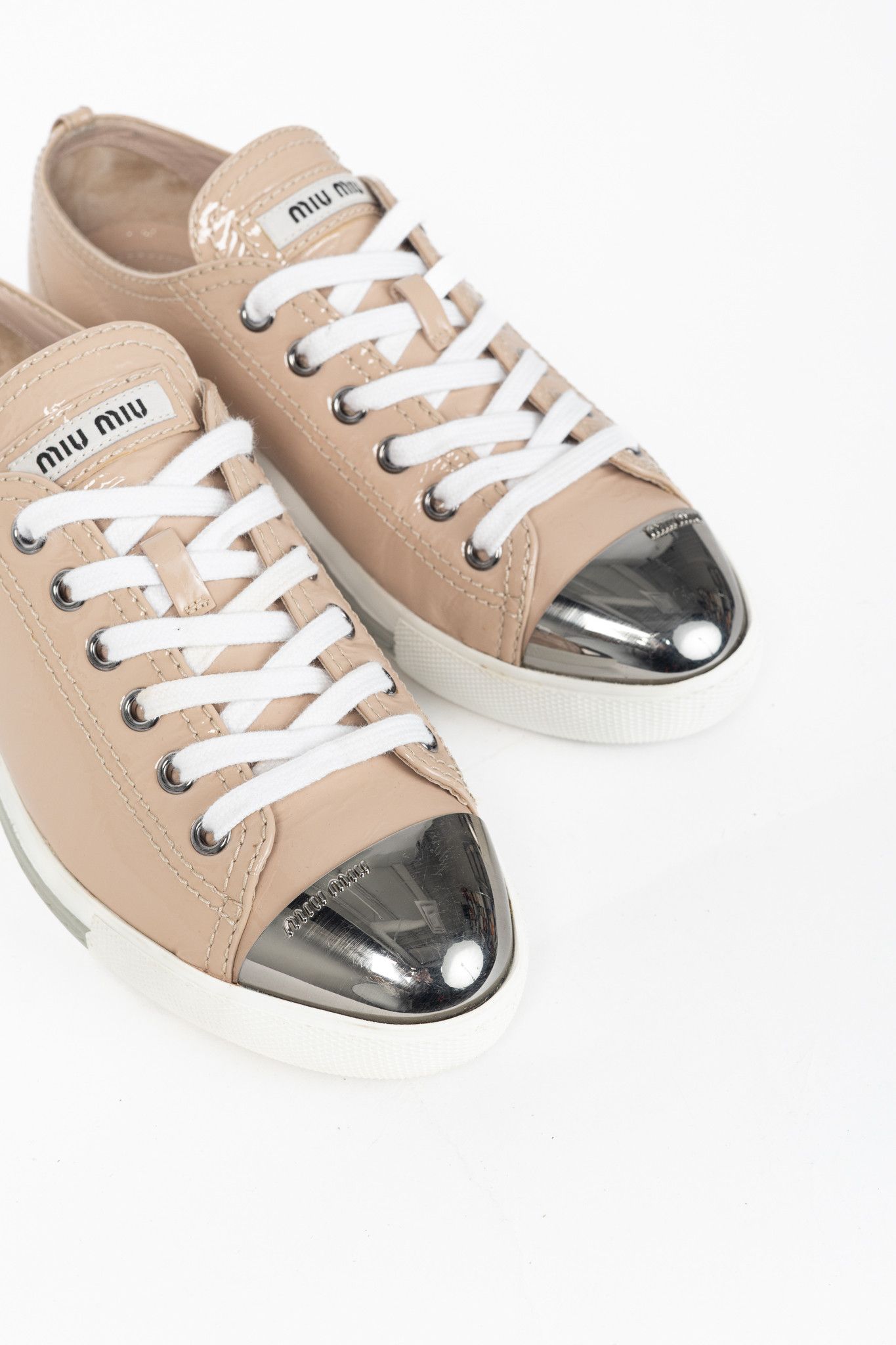 Miu Miu Miu Miu Nude Patent-Leather Cap-Toe Lace-Up Sneakers Size US 4.5 / IT 34.5 - 6 Thumbnail