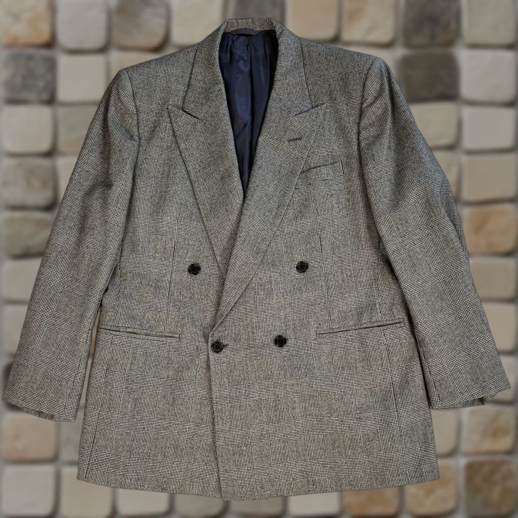Neiman Marcus VINTAGE Neiman Marcus Men's Blazer Wool Double Breasted Plaid 40 Gray Jacket 90s Classic Designer Shoulder Pads Size 40R - 1 Thumbnail