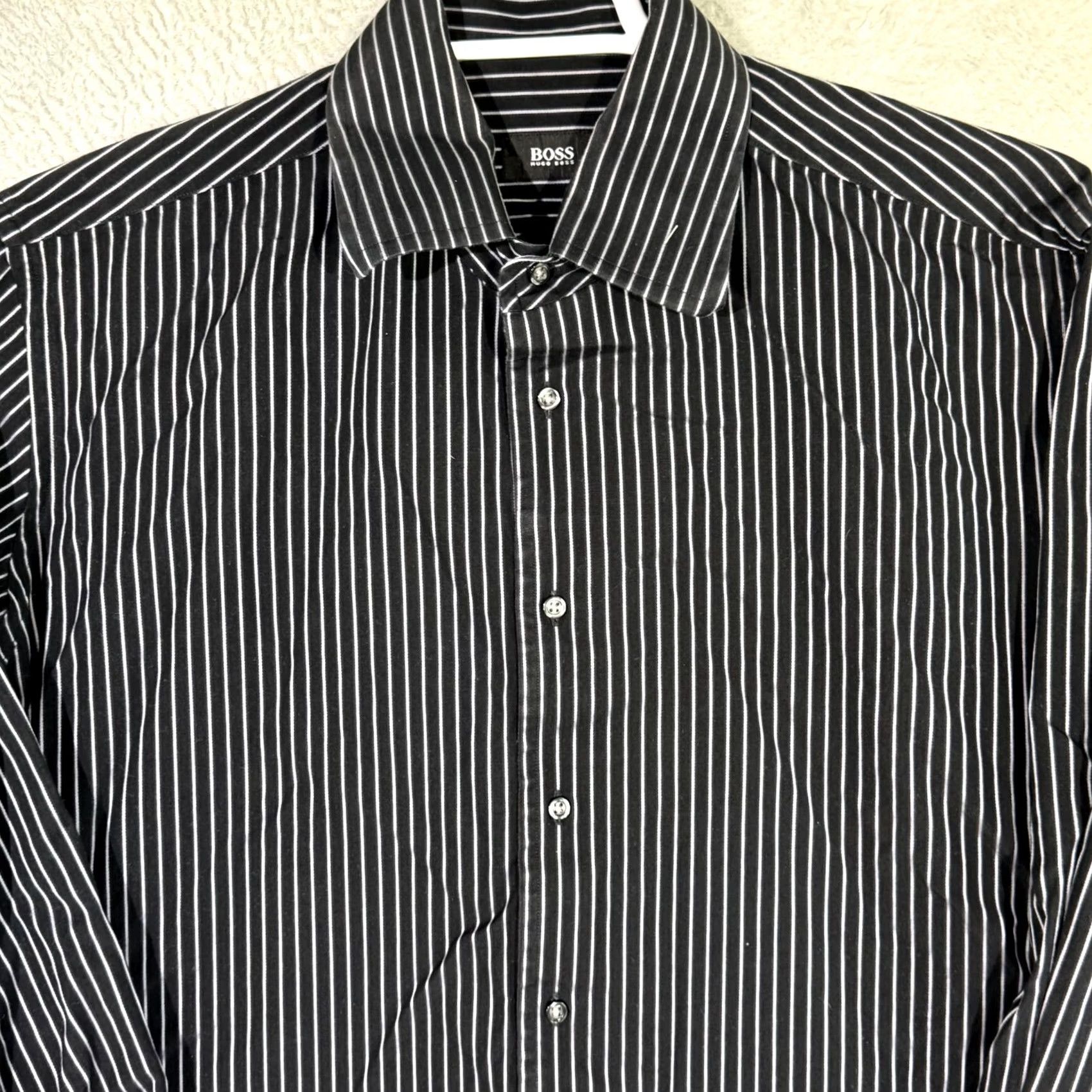 Hugo Boss HUGO BOSS Dress Shirt 17 (34/35 Sleeve) Black Pinstripe Long Sleeve Button-Up Shirt Mens Dress Shirt Size 46R - 4 Thumbnail
