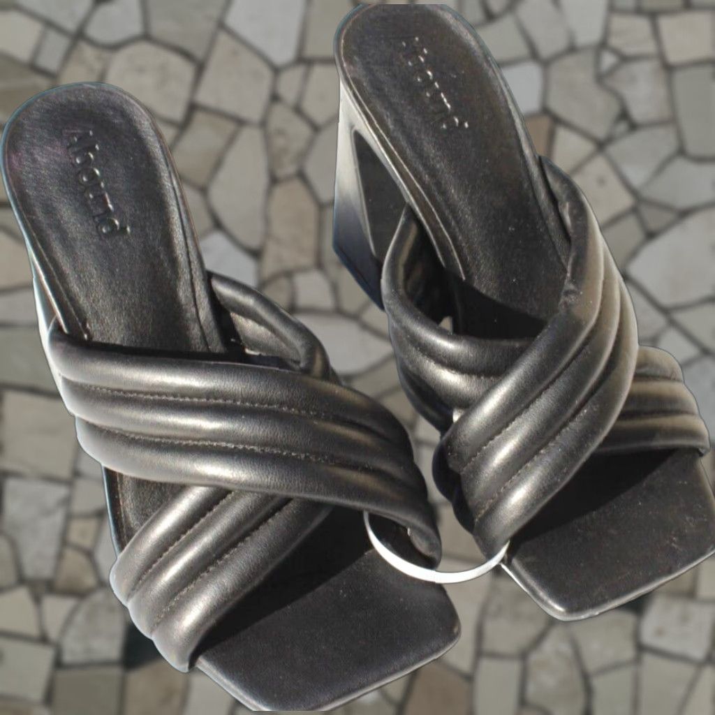 Vintage New Abound Black Block Retro Heel Crossover Leather Strap Heel Shoes Sandals Size 6.5 M, Women's