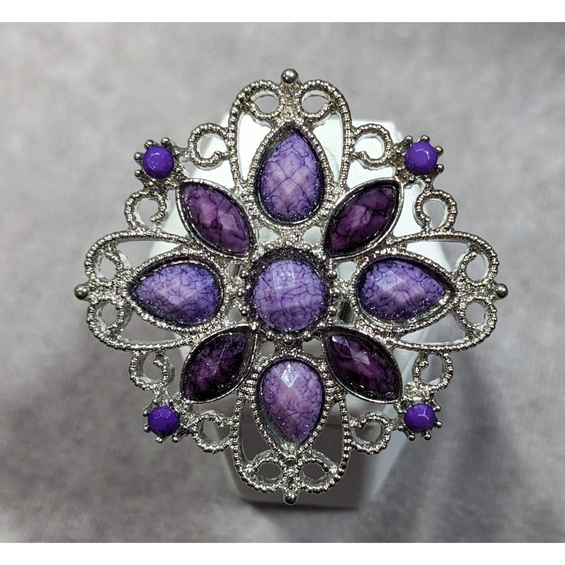 Other Fantasy Chunky Floral Silver Tone Ring With Purple Stones Ad Size ONE SIZE - 6 Thumbnail