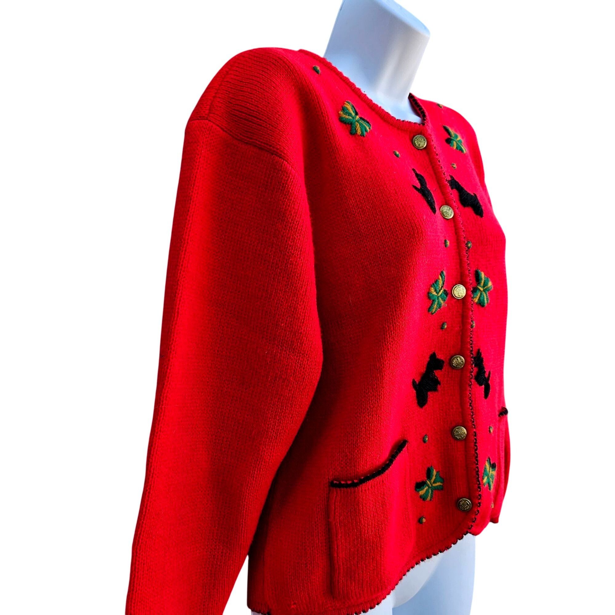 Vintage 80s Scottie Dog Cardigan Red Embroidered Knit Vintage Novelt Size M / US 6-8 / IT 42-44 - 4 Thumbnail