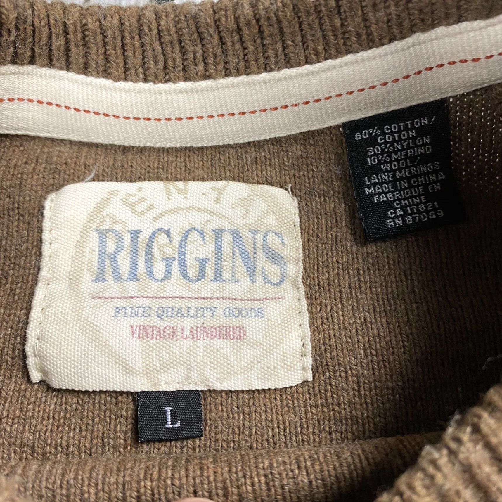 Vintage RIGGINS Cotton Merino Wool Blend Pullover Sweater 1/4 Zip Long Sleeve Large Brown Casual Mens Size US L / EU 52-54 / 3 - 4 Thumbnail