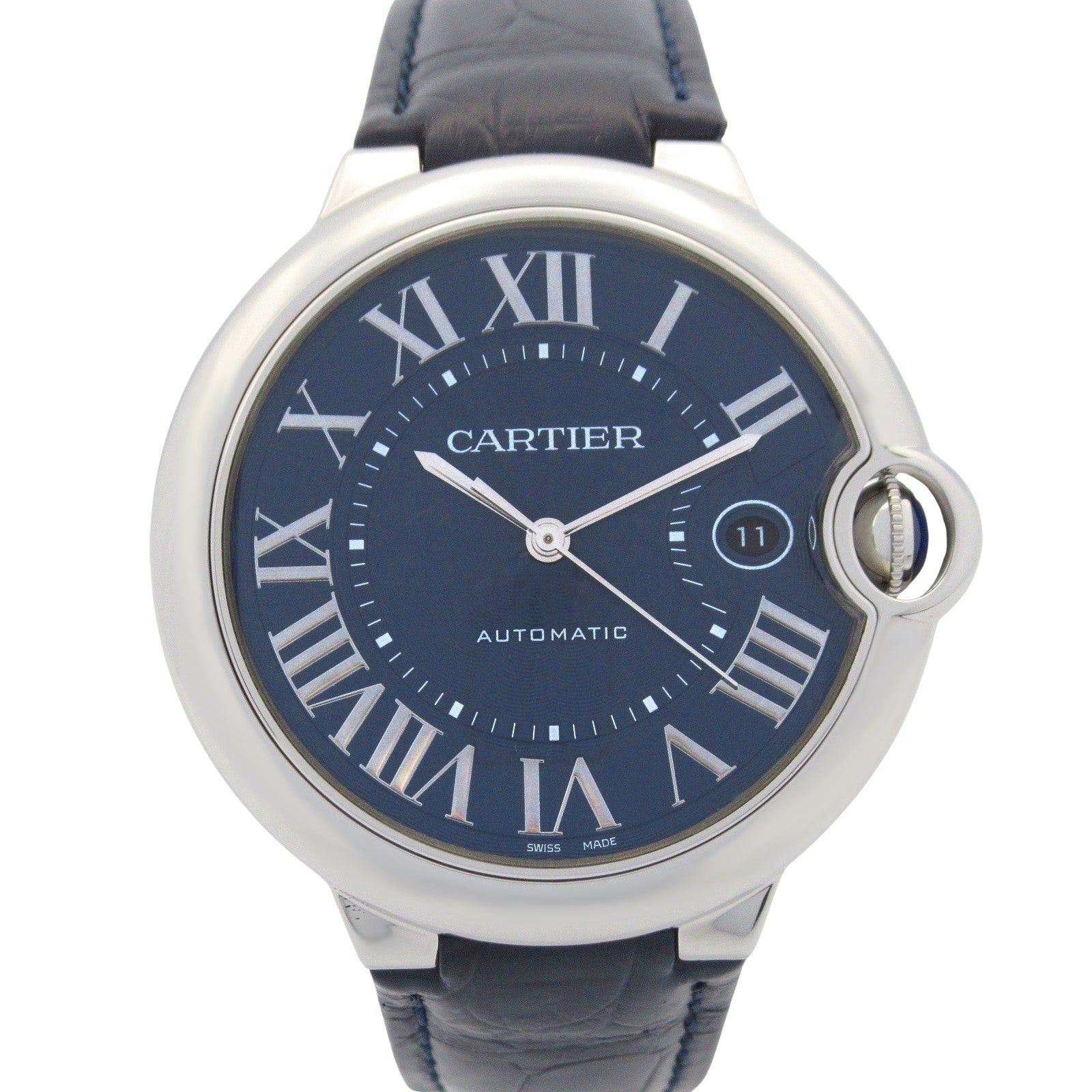 Cartier Baron Blue Mens Watch Automatic Winding Stainless Steel Crocodile Leather
