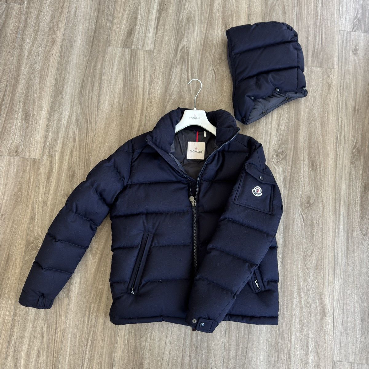 Moncler Montgenevre Hooded Wool Flannel Short Down Jacket Navy Size US XL / EU 56 / 4 - 19 Thumbnail