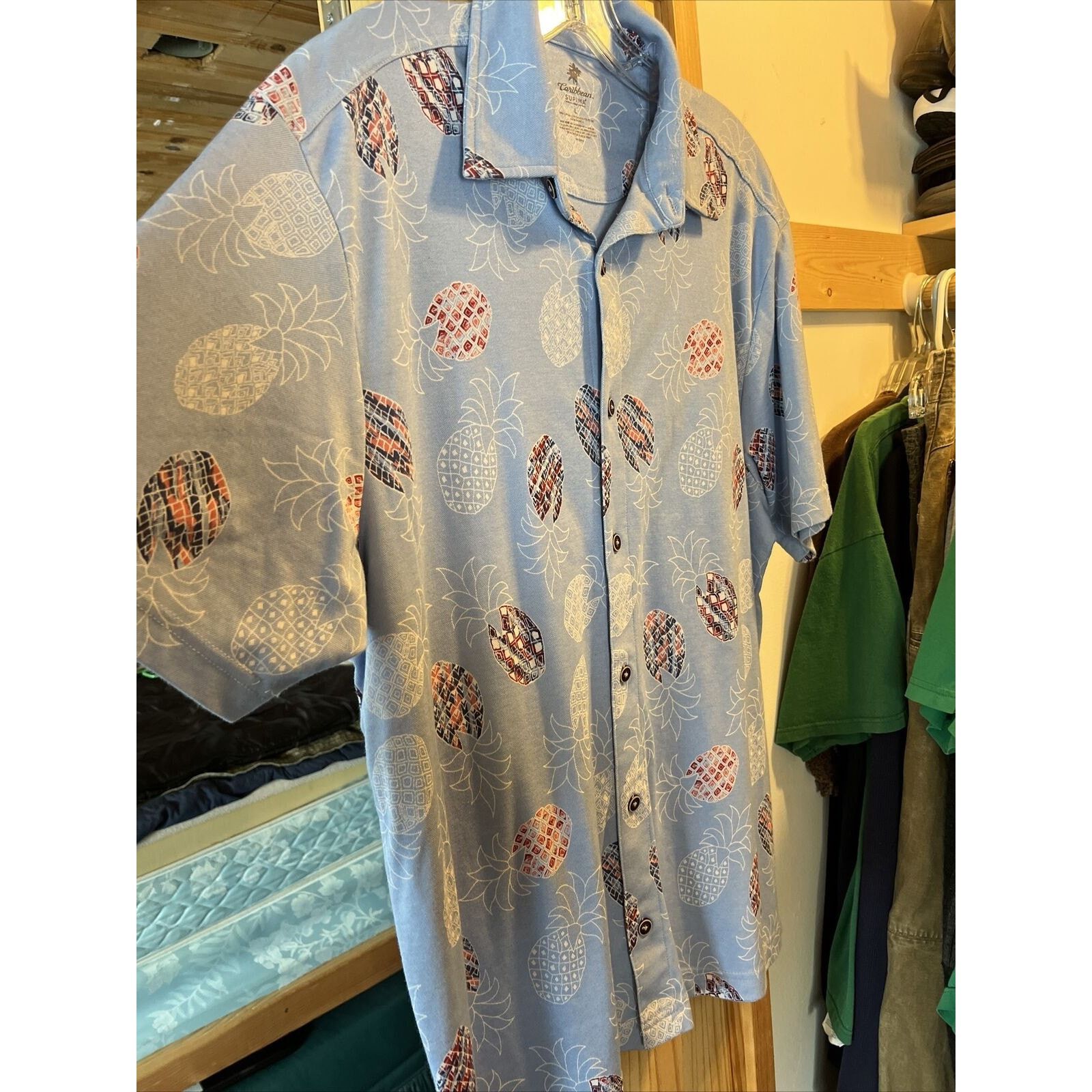 Caribbean Caribbean Men's L Blue Pineapple Button Cotton Blend Shirt Size US L / EU 52-54 / 3 - 6 Thumbnail