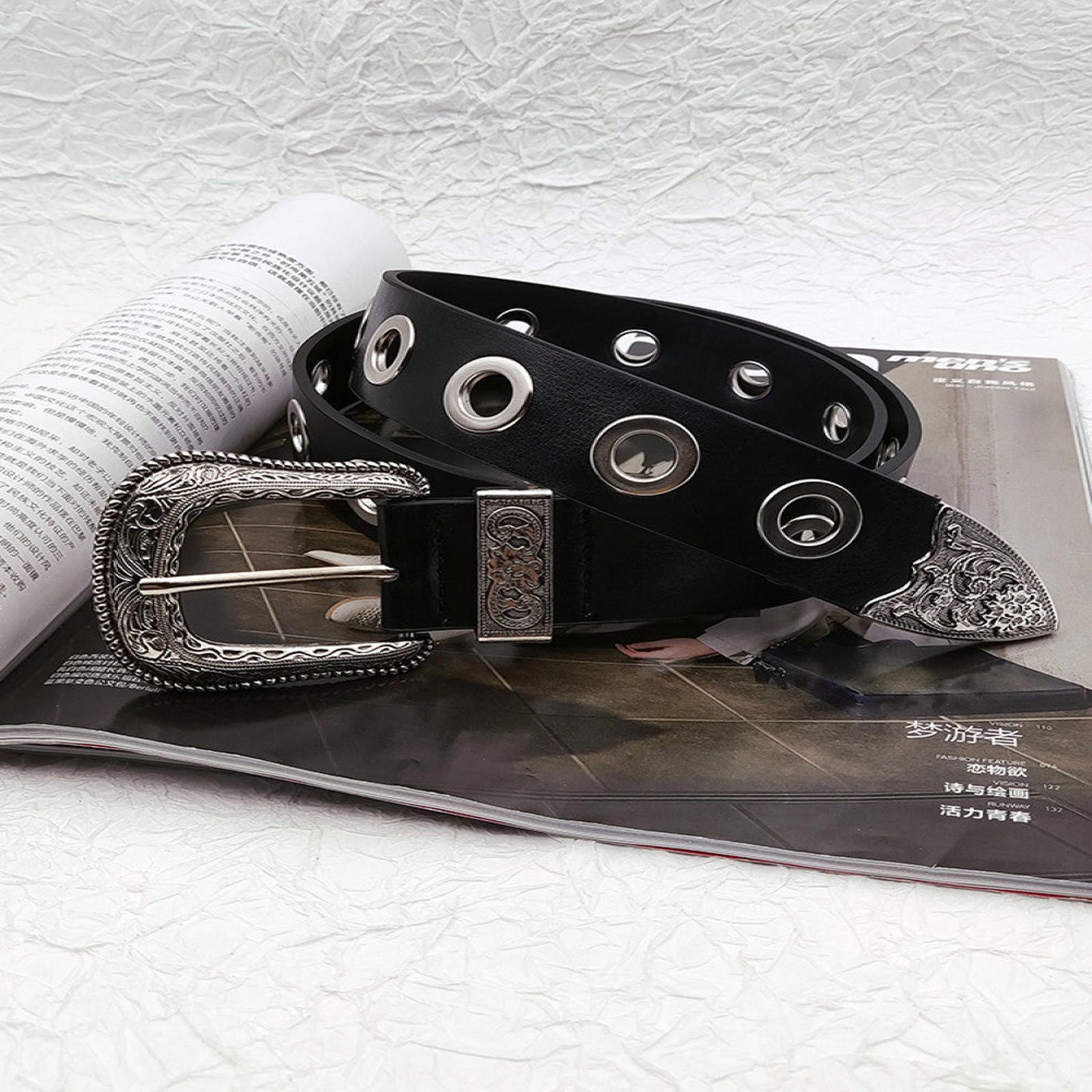 Vintage Black Leather Eyelet Belt with Decorative Buckle Size ONE SIZE - 6 Thumbnail