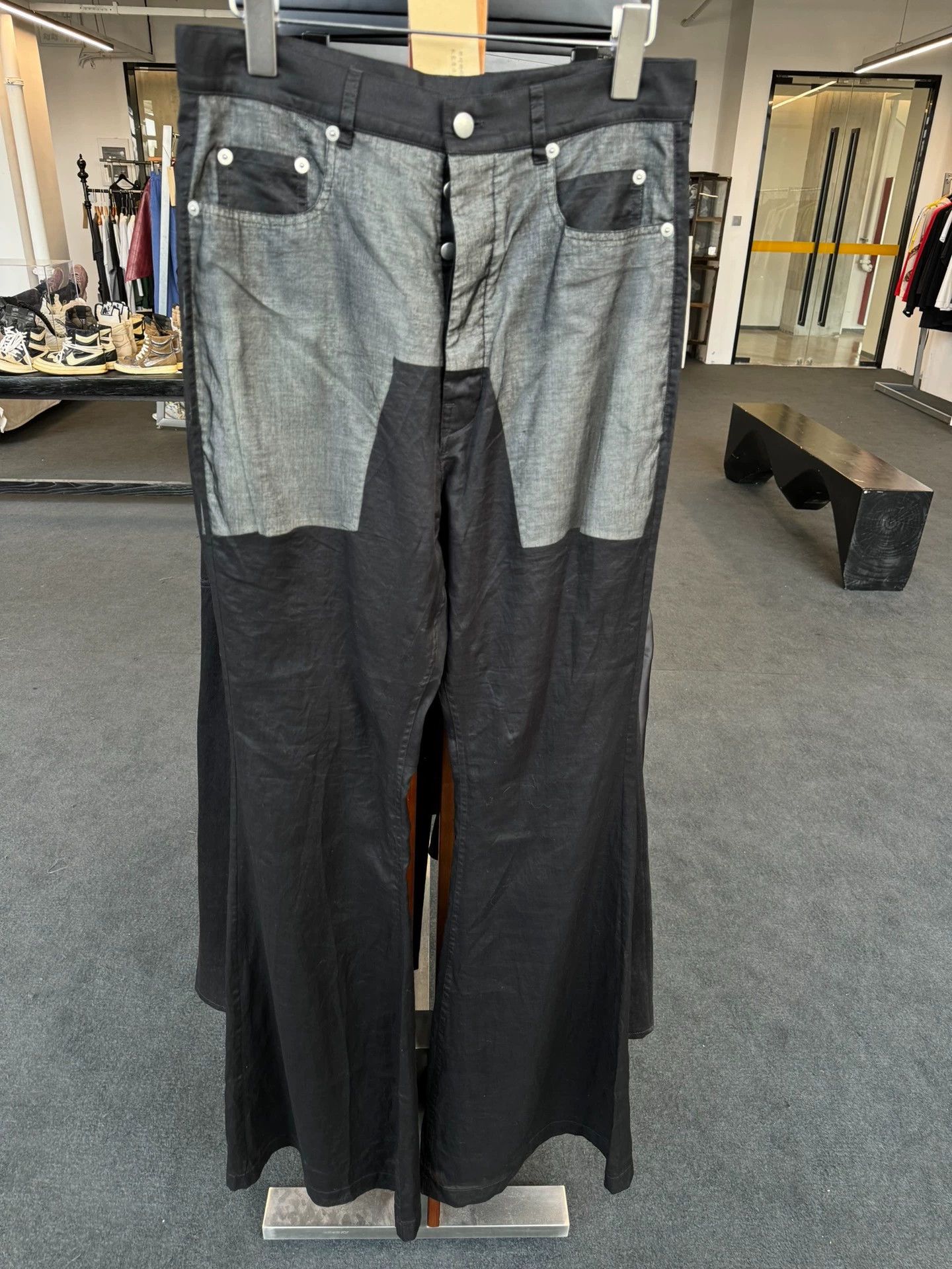 Rick Owens Black patchwork double-layer high waist micro-pull jeans