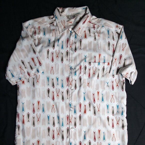 Vintage Da Vinci Fish Pattern Polyester Disco Shirt