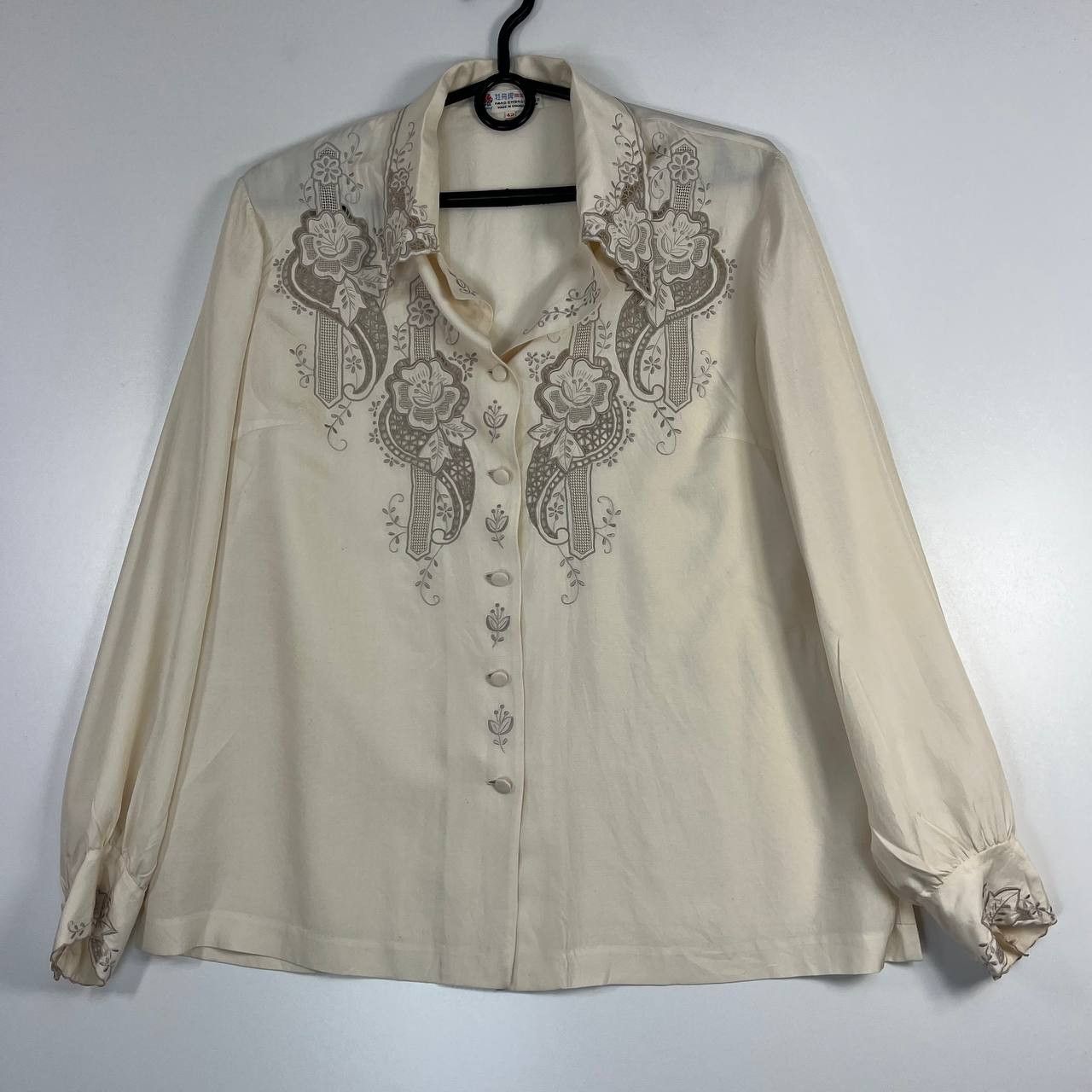 Vintage Hand-Embroidered Silk Blouse 100% Silk Size 42