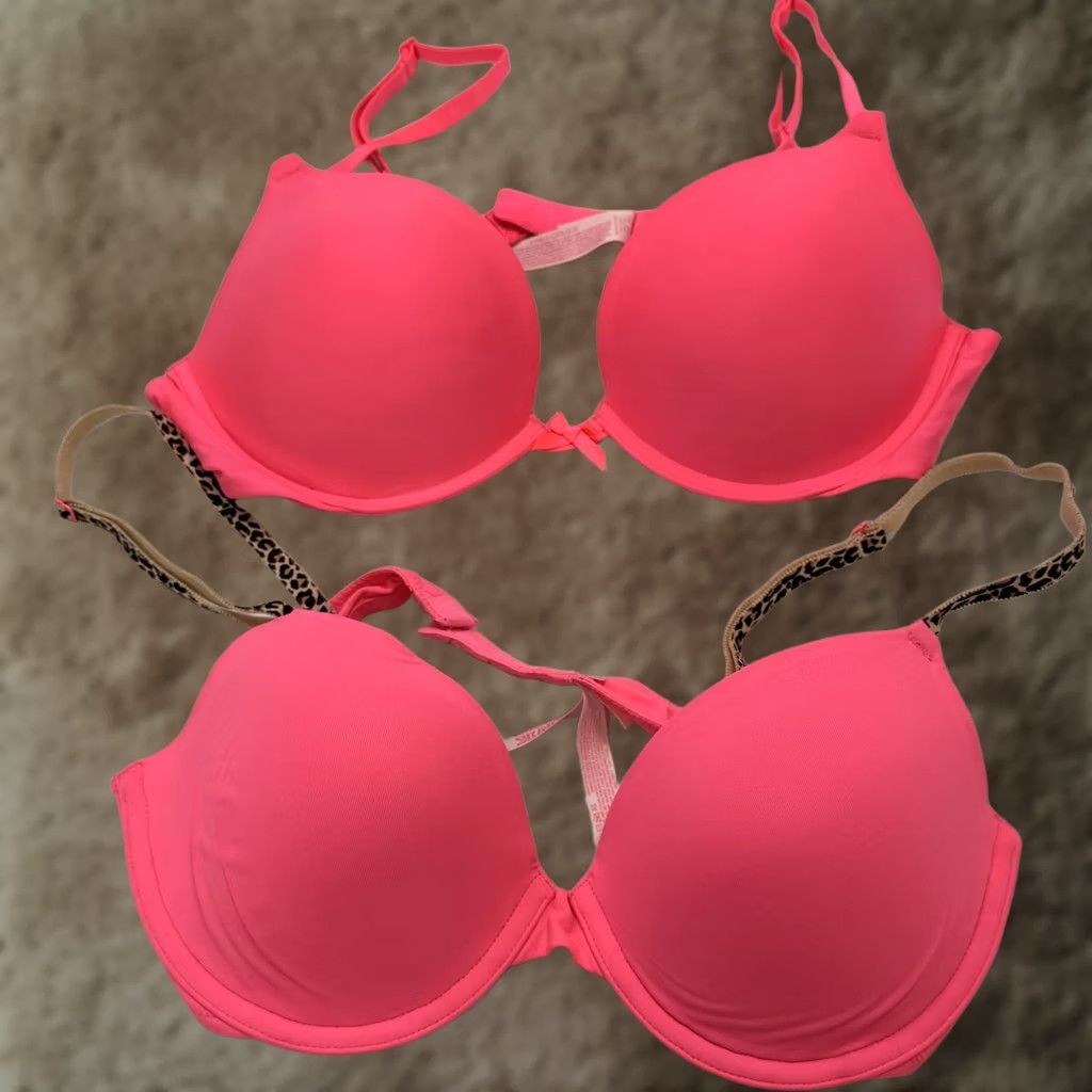 Pinko PINK Bra Set Womens 36B Neon Pink Push Up Underwire Lot Of 2 Bow Microfiber Size ONE SIZE - 1 Thumbnail