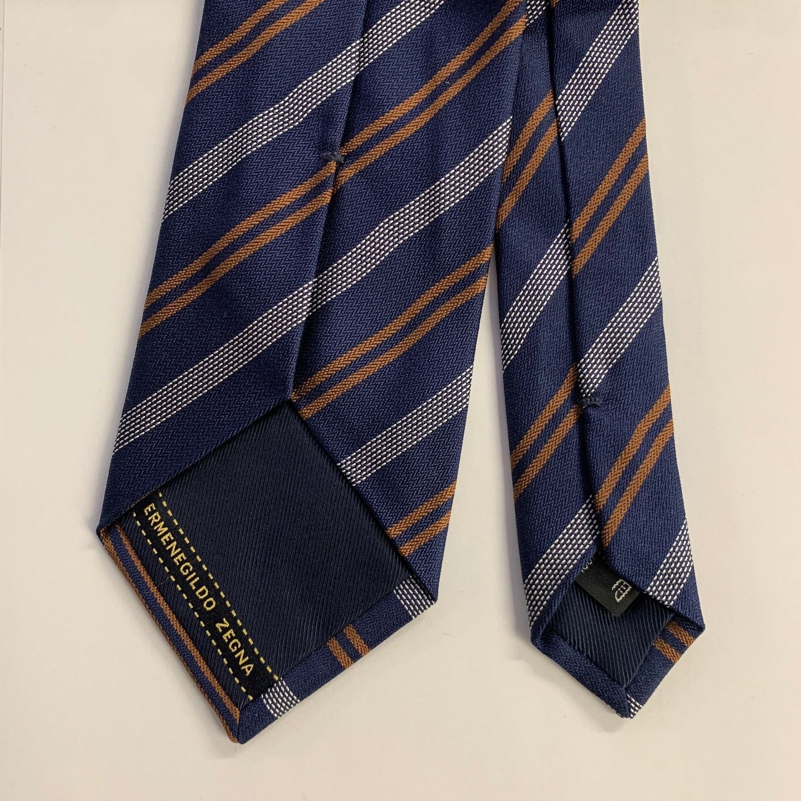 Ermenegildo Zegna ERMENEGILDO ZEGNA Navy Brown Grey Diagonal Stripe Silk Tie Size ONE SIZE - 2 Thumbnail