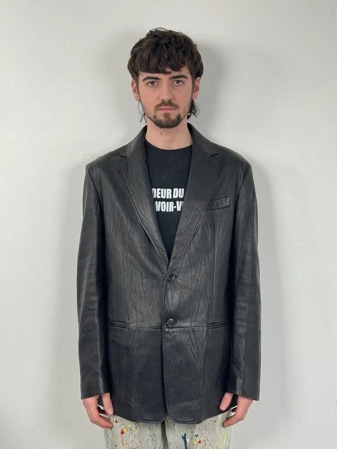Armani Collezioni 2010s Armani Leaves Embossed Black Leather Blazer Jacket Size 44R - 2 Thumbnail