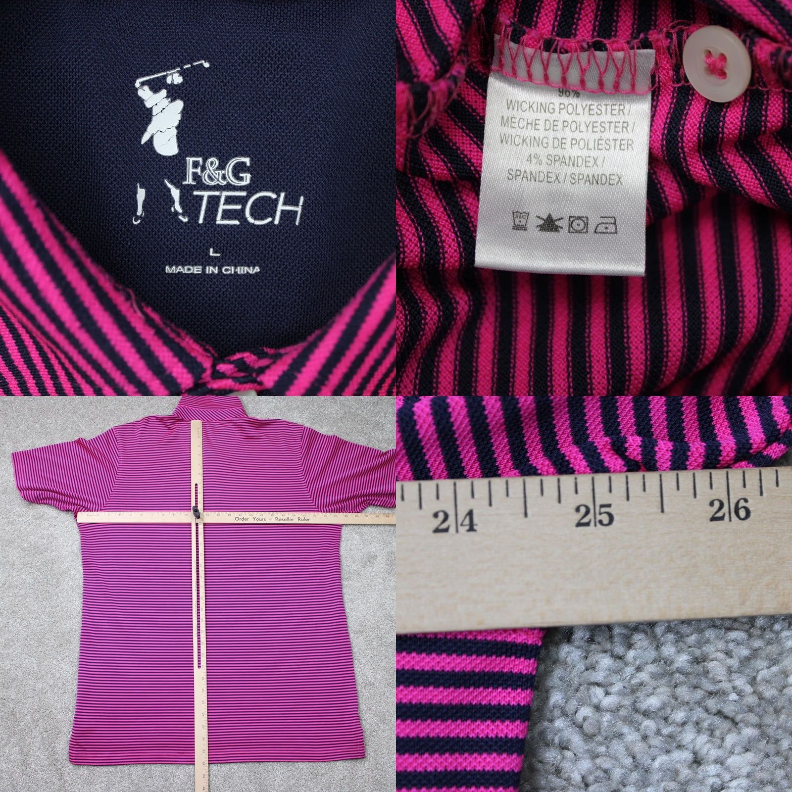 Vintage F&G Tech Polo Shirt Mens Large Pink/Blue Striped Wicking Polyester Short Sleeve Shirt Size US L / EU 52-54 / 3 - 8 Thumbnail