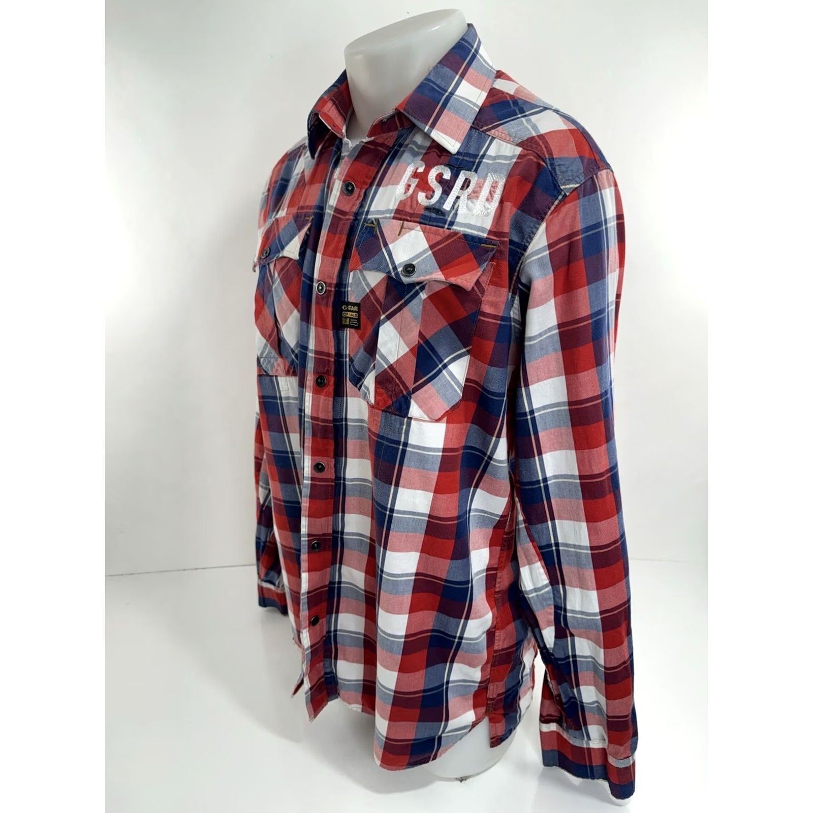 G-Star G-STAR RAW Plaid Shirt / Full Zip Embroidered L / XL Red White Blue Snap Button-Up - Men’s Long Sleeve, 2XL, Stars Theme, EXCELLENT Size US XXL / EU 58 / 5 - 4 Thumbnail
