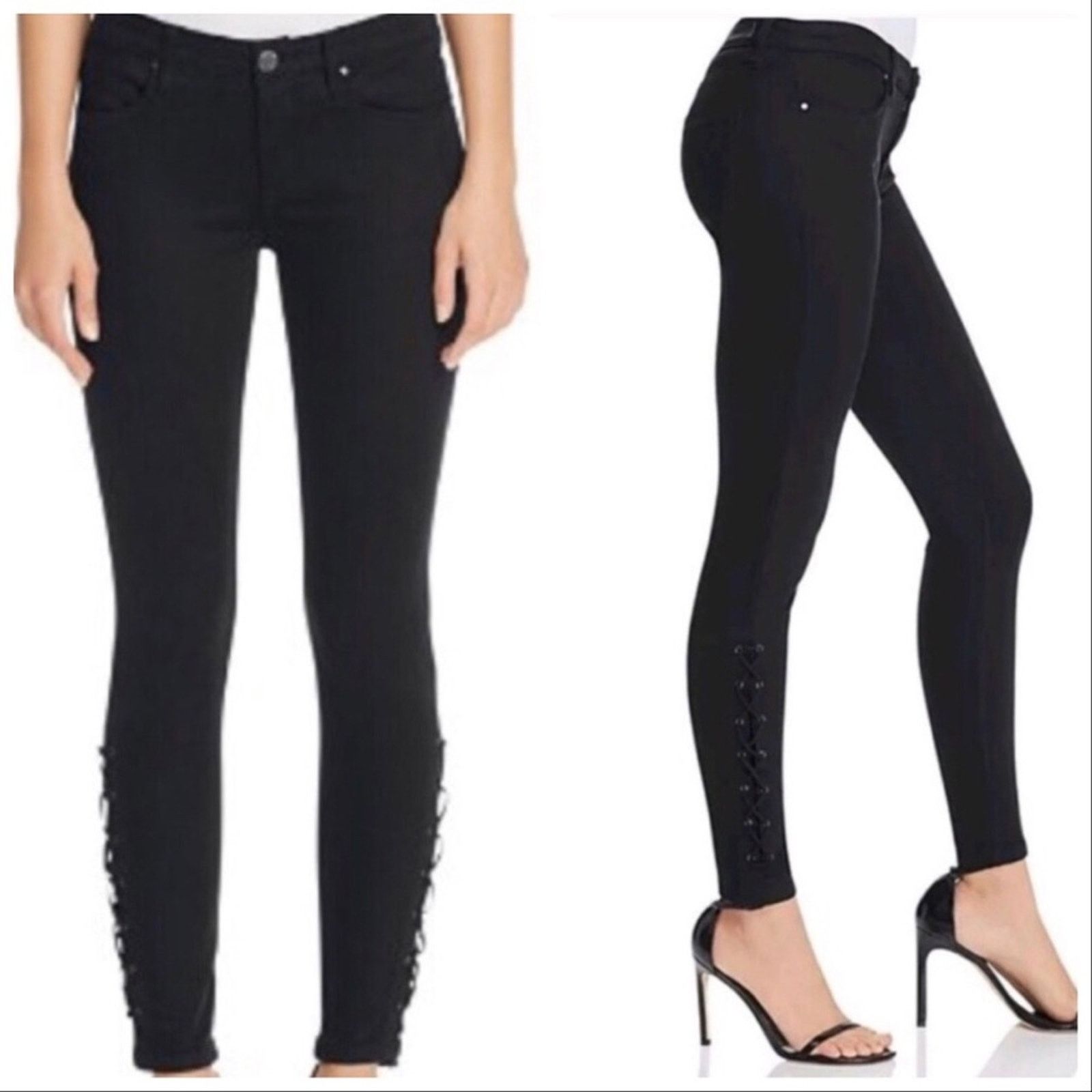 Anthropologie BLANK NYC Black Lace Up Ankle Tie Low Mid Skinny Denim Jeans Size 27" / US 4 / IT 40 - 1 Thumbnail