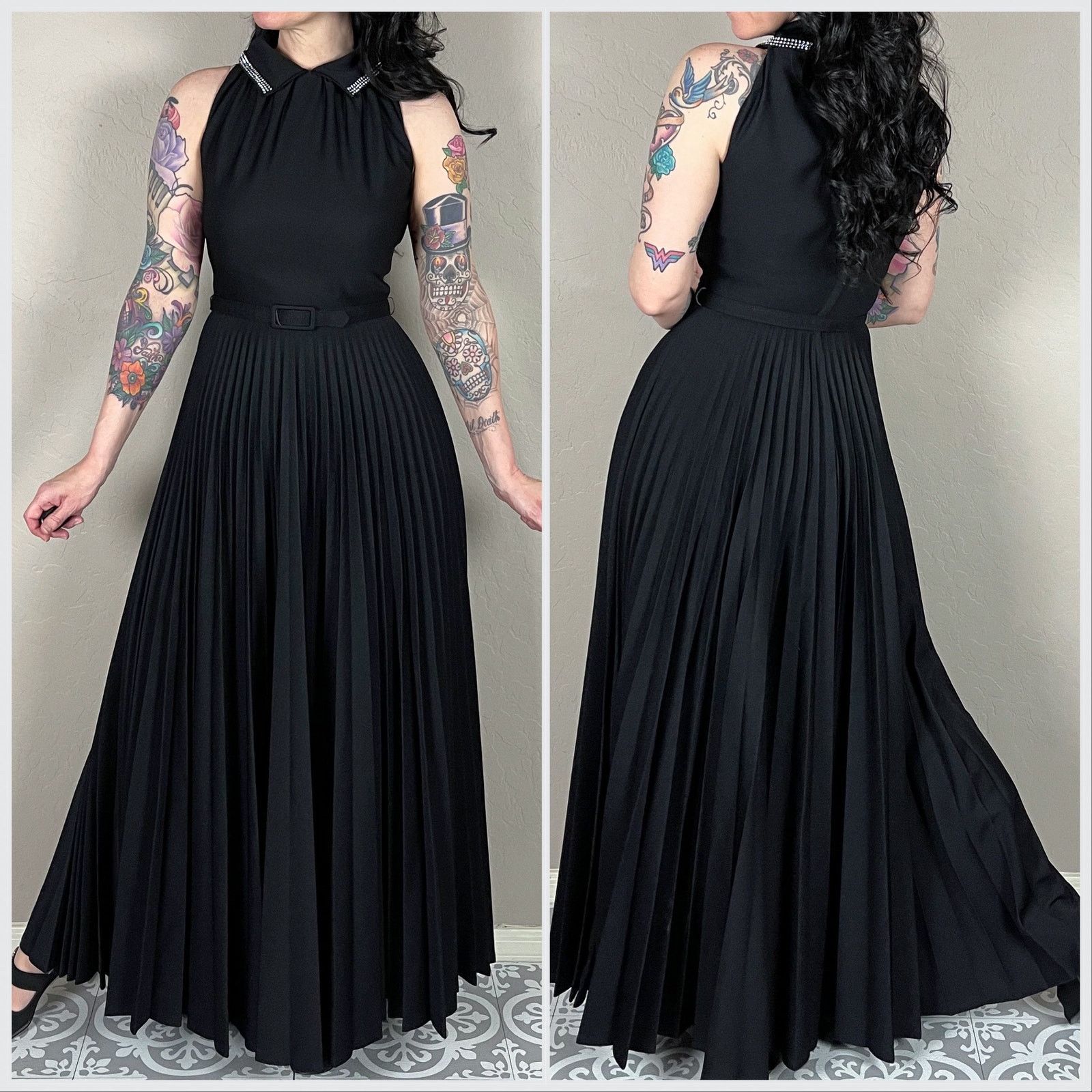 Vintage Vintage 1970s Black Sleeveless Pleated Halter Maxi Size XXS / US 00 / IT 34 - 3 Thumbnail