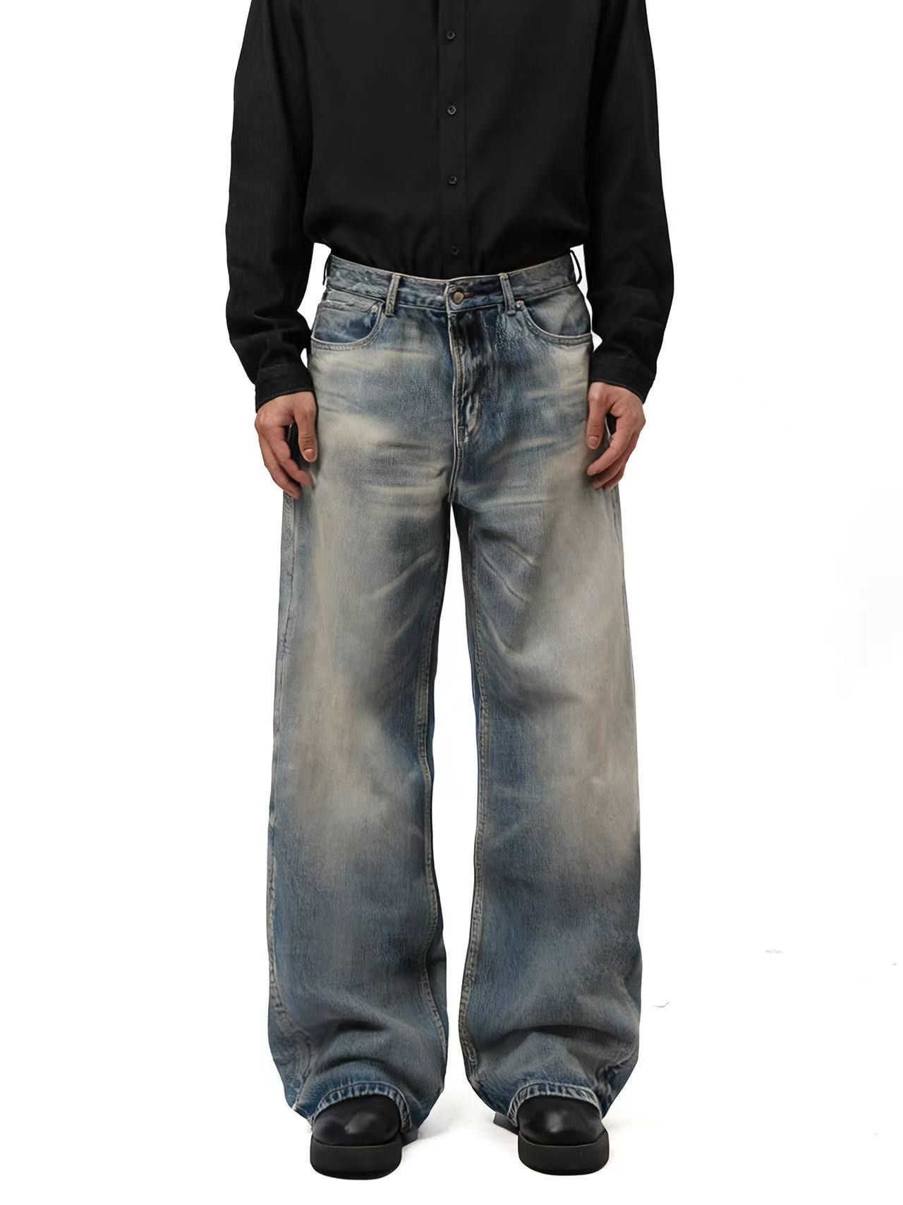 Vintage Washed distressed whiskered loose wide-leg straight jeans Size US 32 / EU 48 - 4 Thumbnail