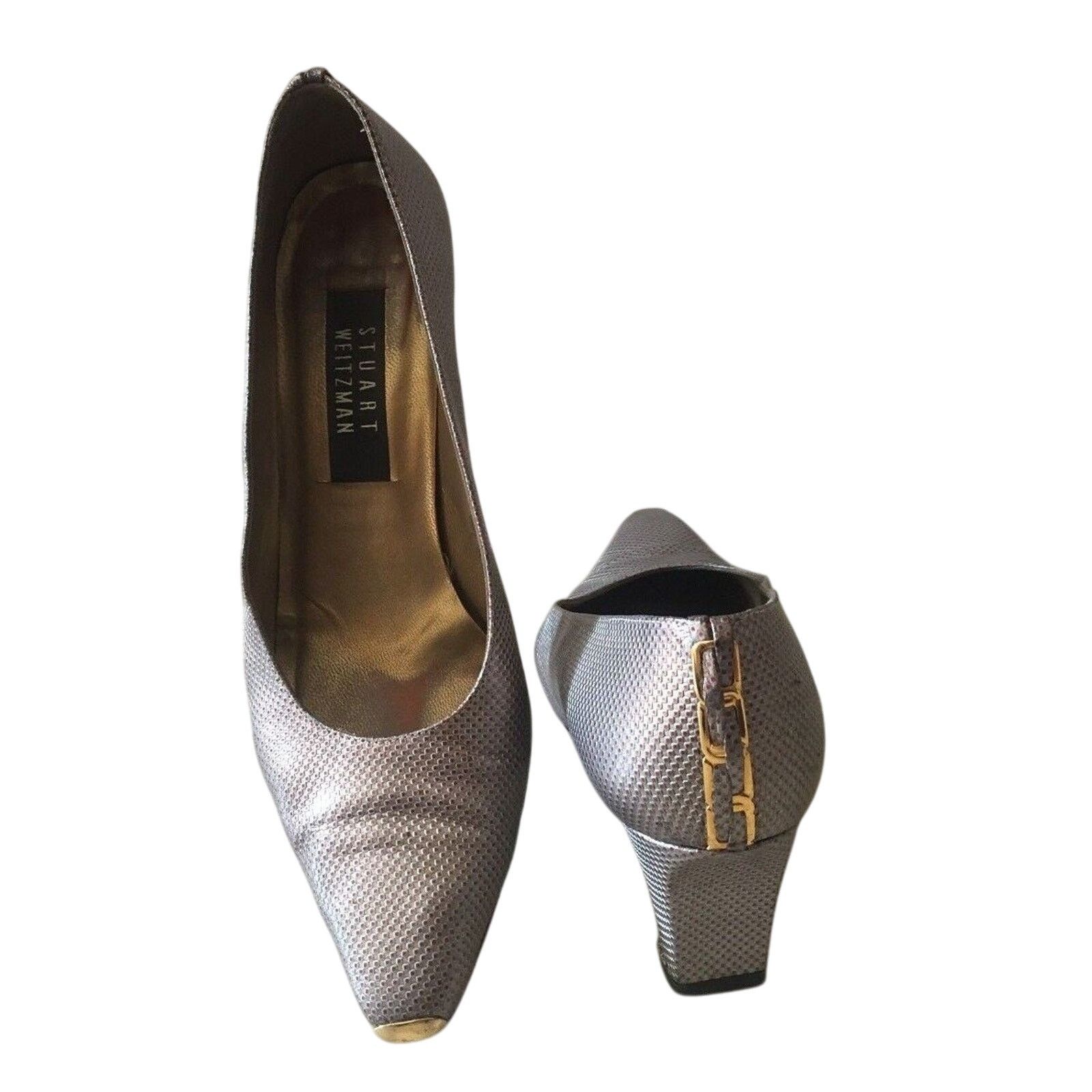 Stuart Weitzman Stuart Weitzman Taupe Textured Shoe Pump Metal Toe Rand Cap Size US 7.5 / IT 37.5 - 3 Thumbnail