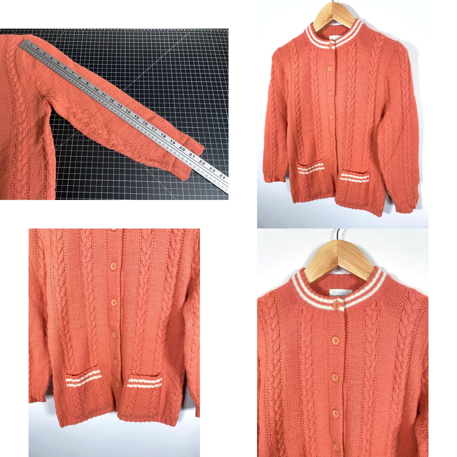 Pinko VINTAGE Wintuk Cardigan Women's Small Coral Pink Orange Cable-Knit Lightweight Crew Neck Sweater Fall Winter 70s Size S / US 4 / IT 40 - 8 Thumbnail