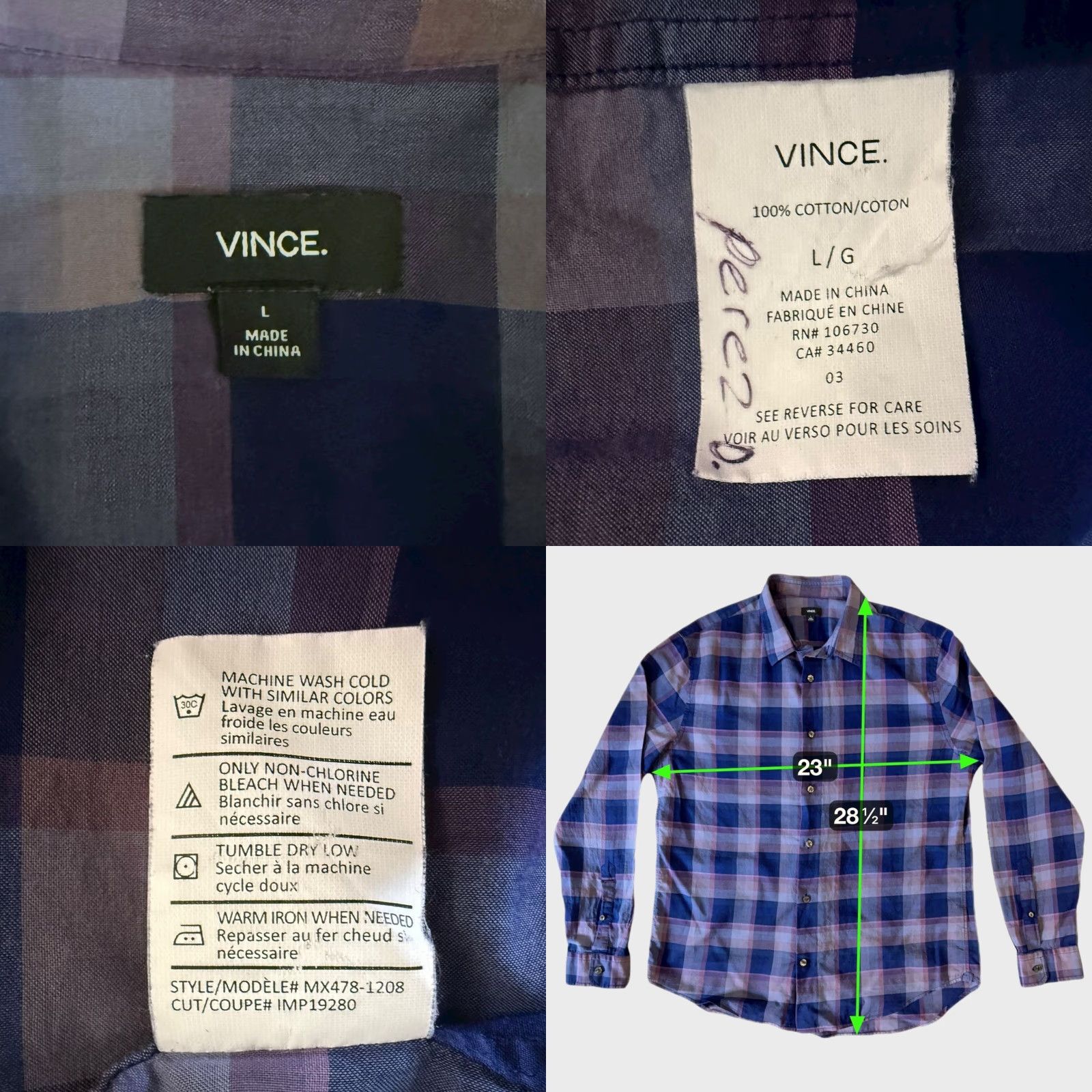 Vince Vince Button-Up Shirt Plaid Long Sleeve Blue 100% Cotton Men’s Large L, Casual Business, Preppy, City Style Size US L / EU 52-54 / 3 - 8 Thumbnail