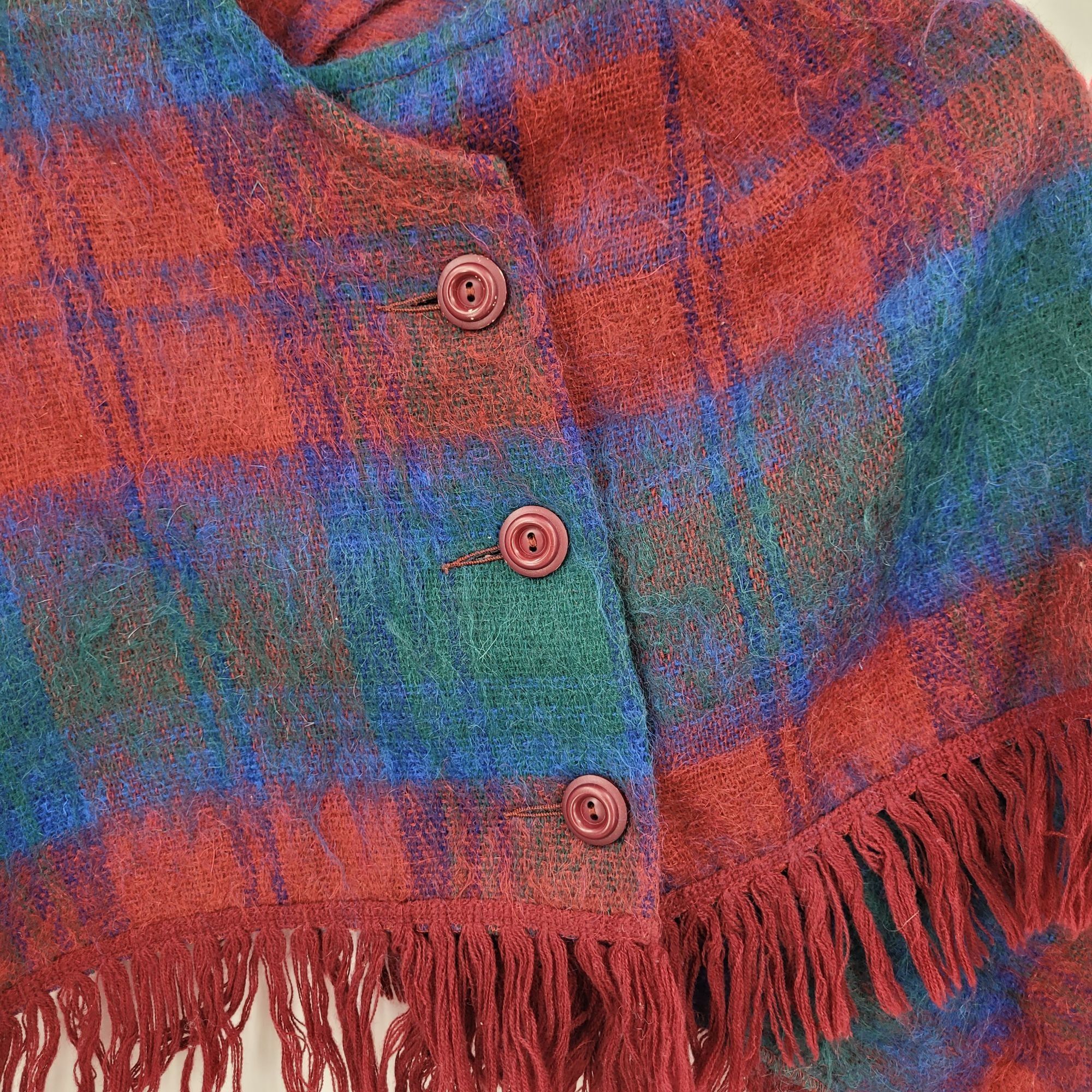 Vintage Vtg Scottish Cropped Poncho Mohair Wool Red Blue Plaid Fring Size ONE SIZE - 4 Thumbnail