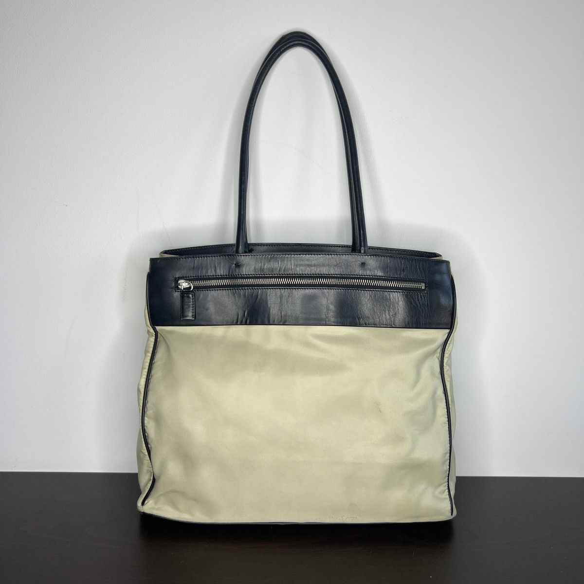 Prada Prada Re-nylon Beige Black Leather Shoulder Tote Bag Logo Size ONE SIZE - 1 Thumbnail