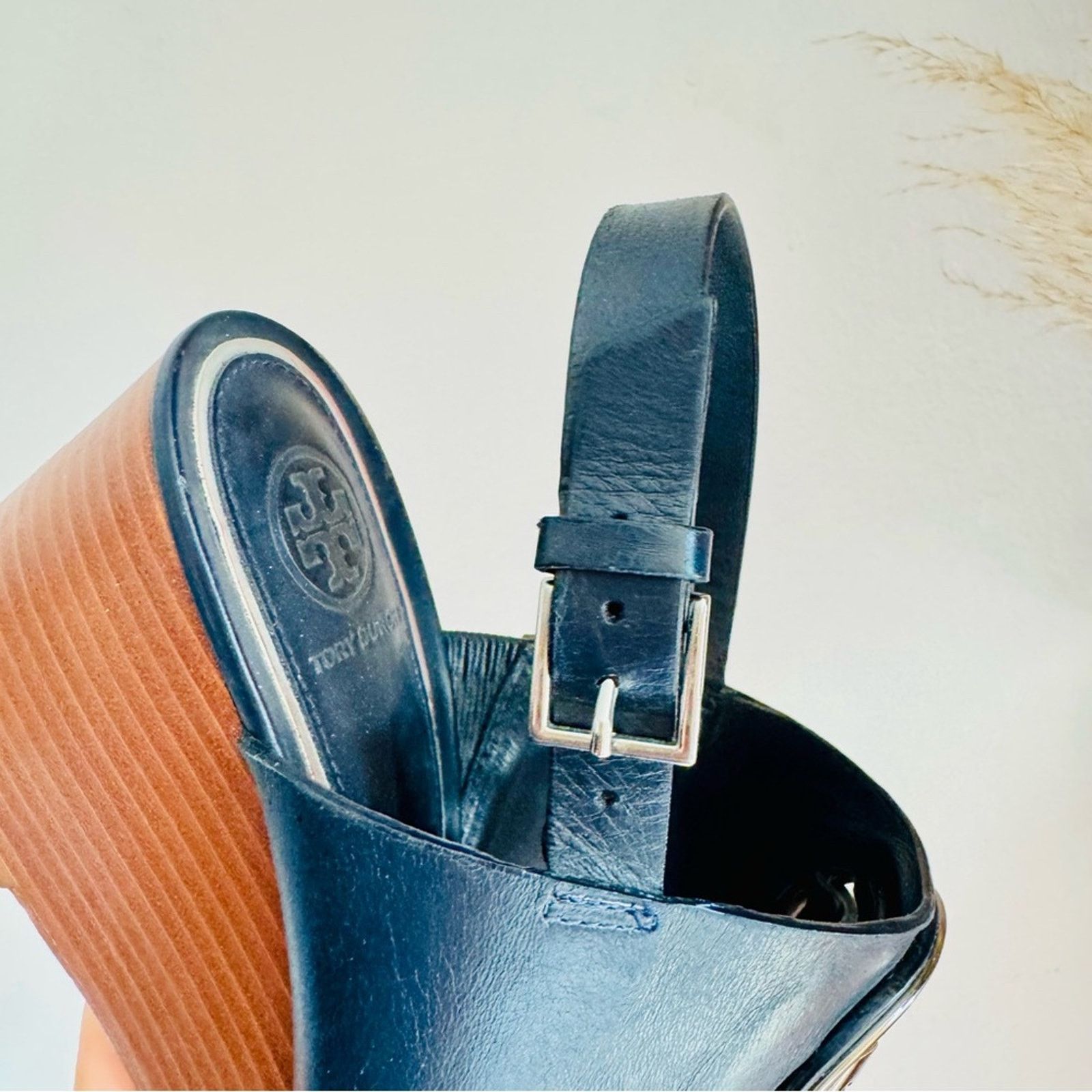 Tory Burch TORY BURCH Navy Blue Leather Silver Miller Wedge $350 Sandal Size US 8.5 / IT 38.5 - 11 Thumbnail