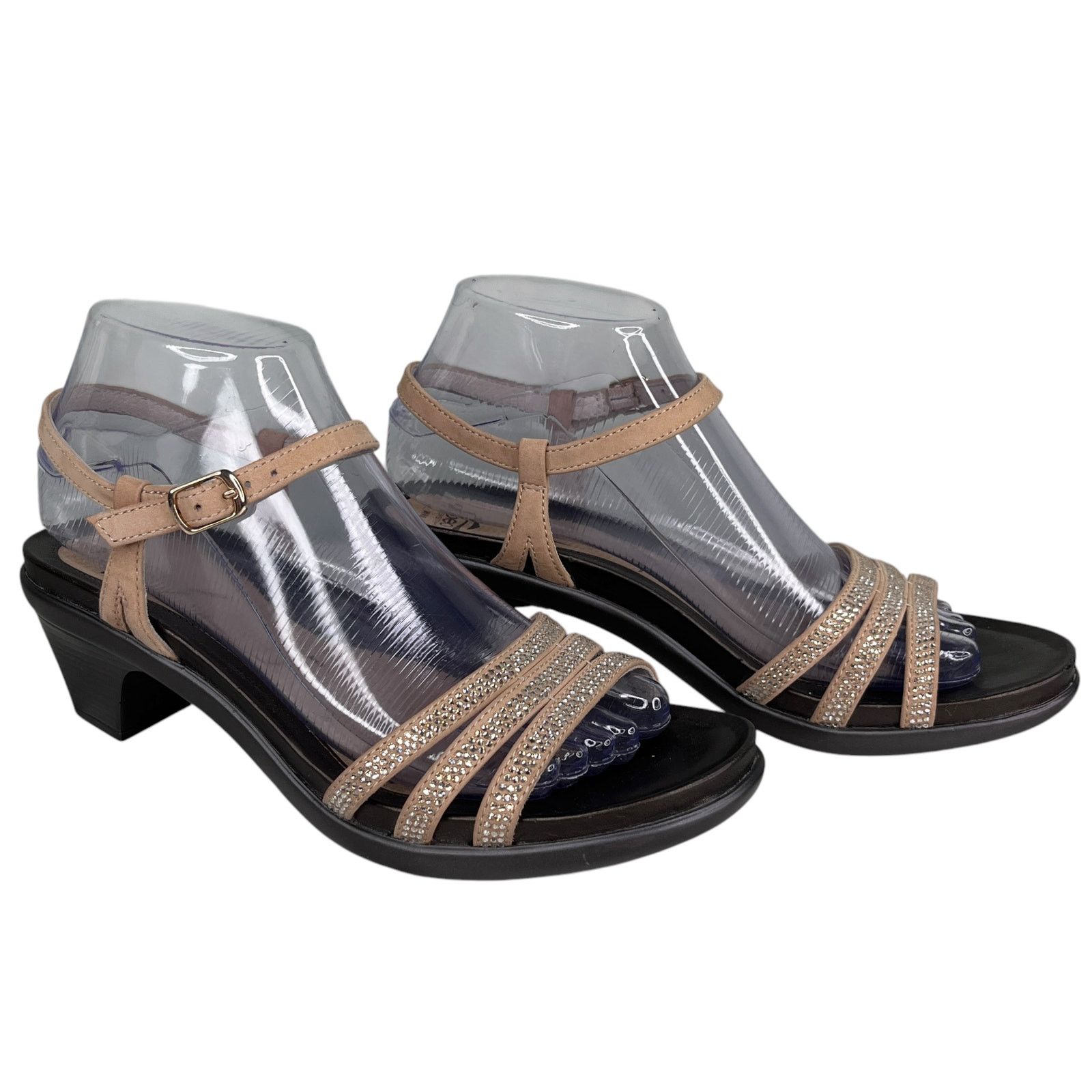 Abeo Grace Sandals 8 Tan Rhinestone 1.75" Heel Shoes Open Toe in Beige, Women's