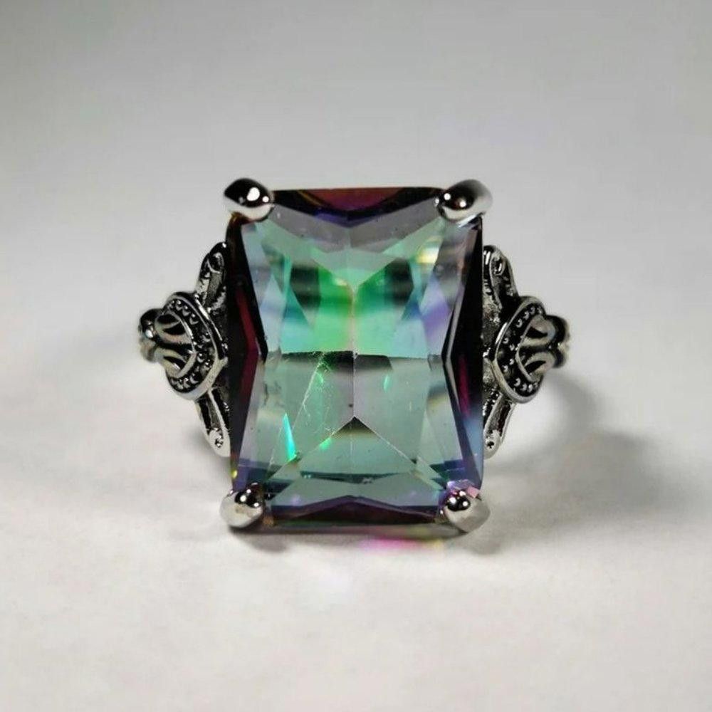 Designer Huge Rectangle Rainbow Mystic Topaz Vintage Silver Ring Size ONE SIZE - 2 Thumbnail