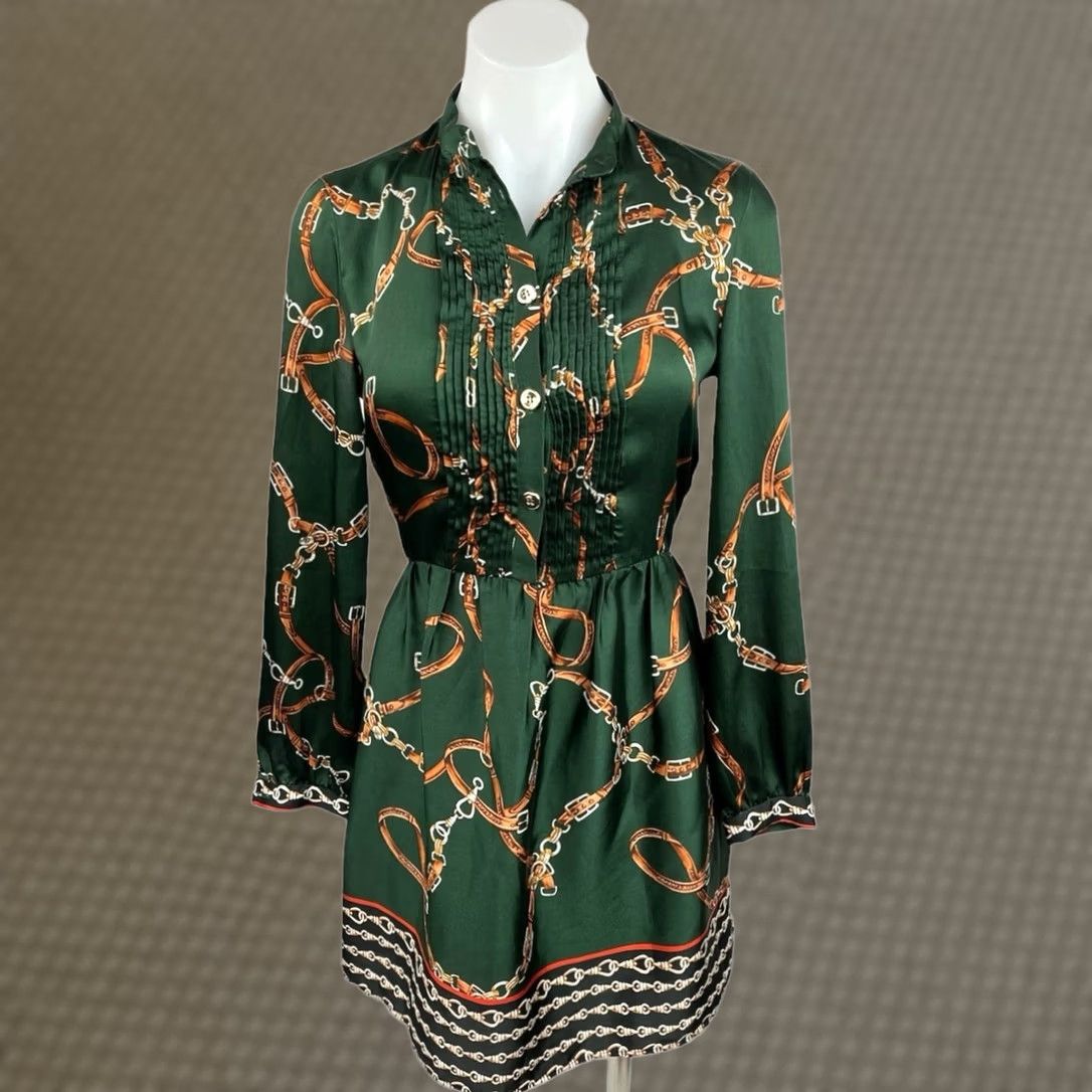 zara green chain dress Zara Womens XS Print Long Sleeve Button Front Pleated Collared Mini A-Line price_20260630J
