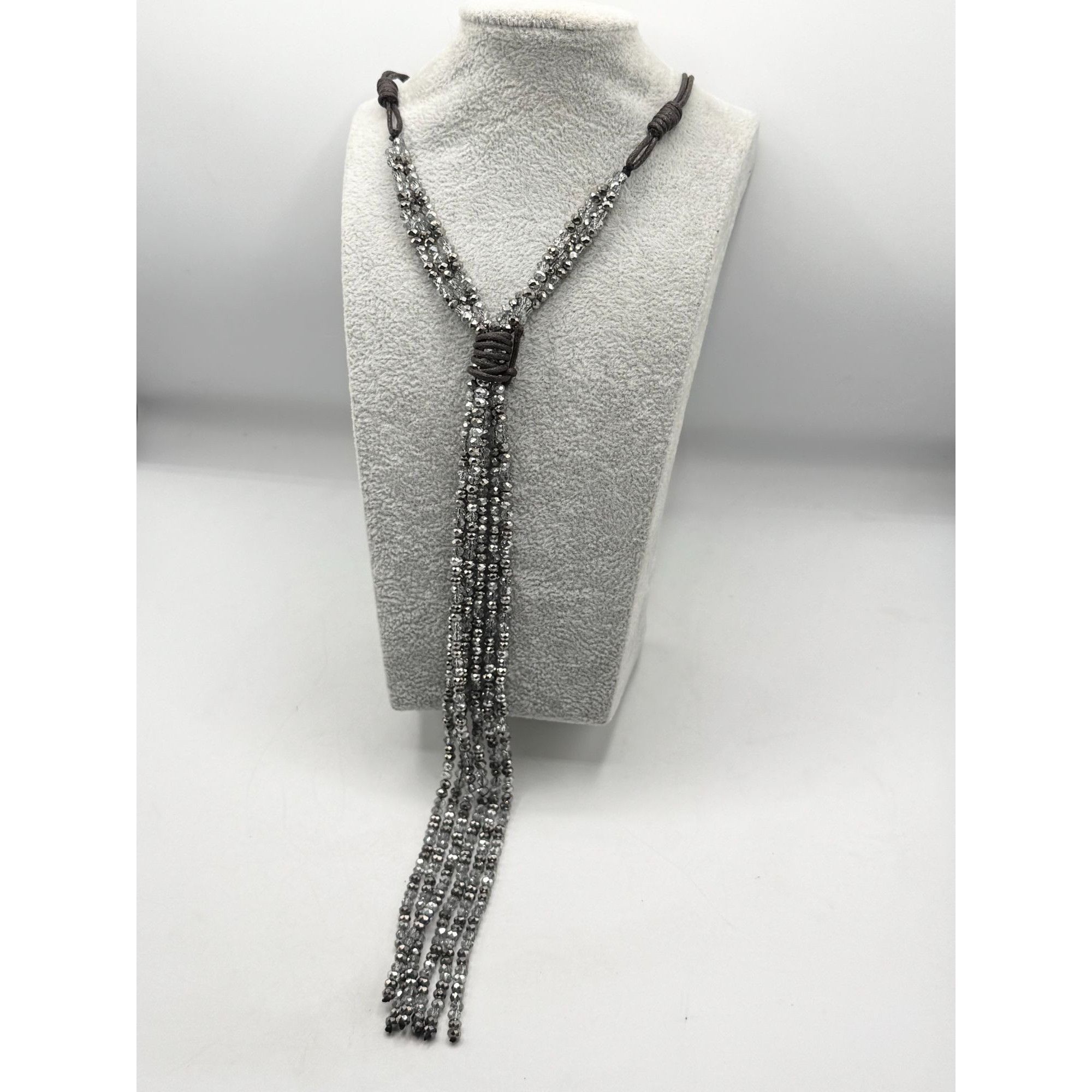 Vintage Gray Crystal Beaded Tassel Leather Necklace Size ONE SIZE - 5 Thumbnail