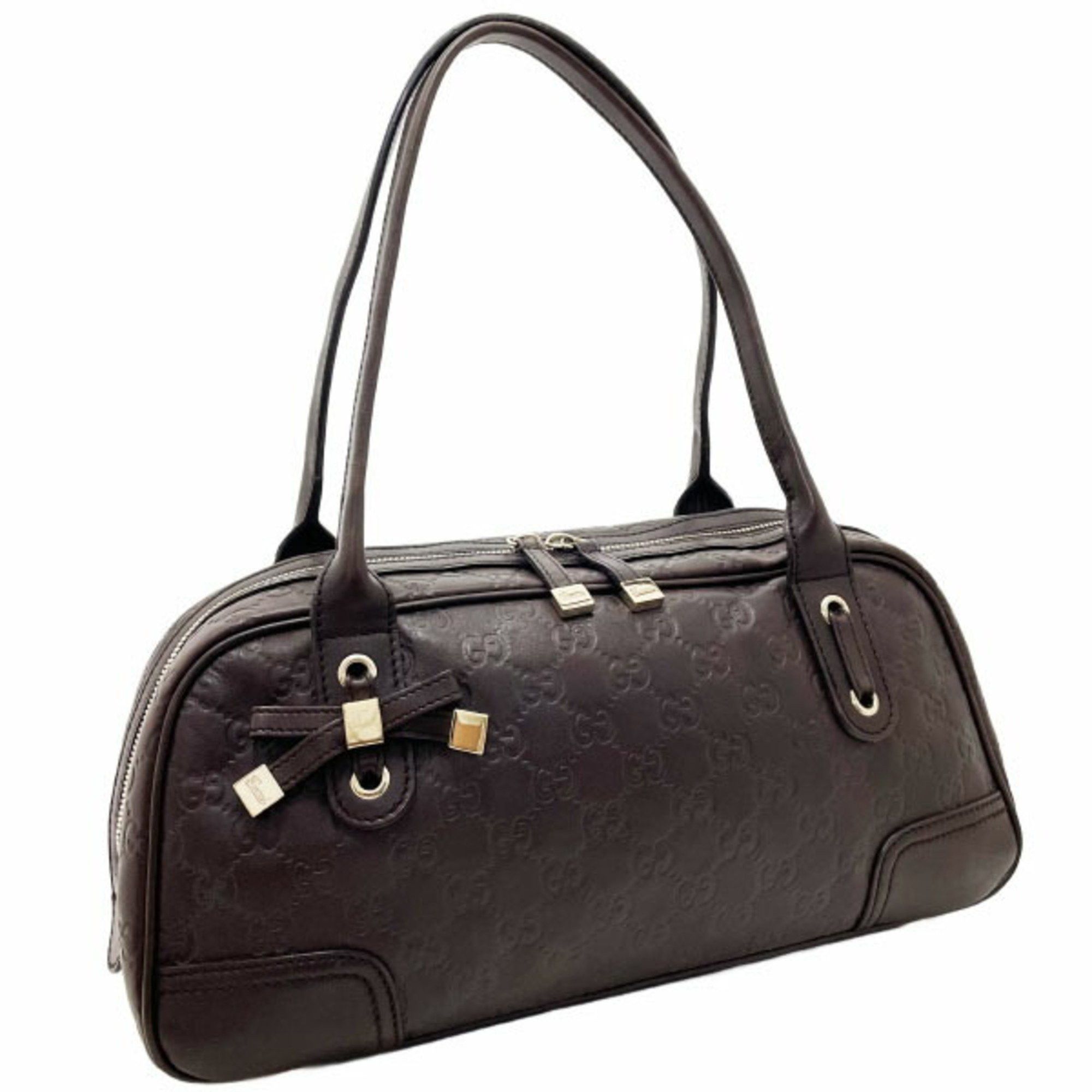 image of Gucci Handbag Shima Line Princess Boston Bag Leather Dark Brown 161720 Gucci Guccissima Ribbon Sher