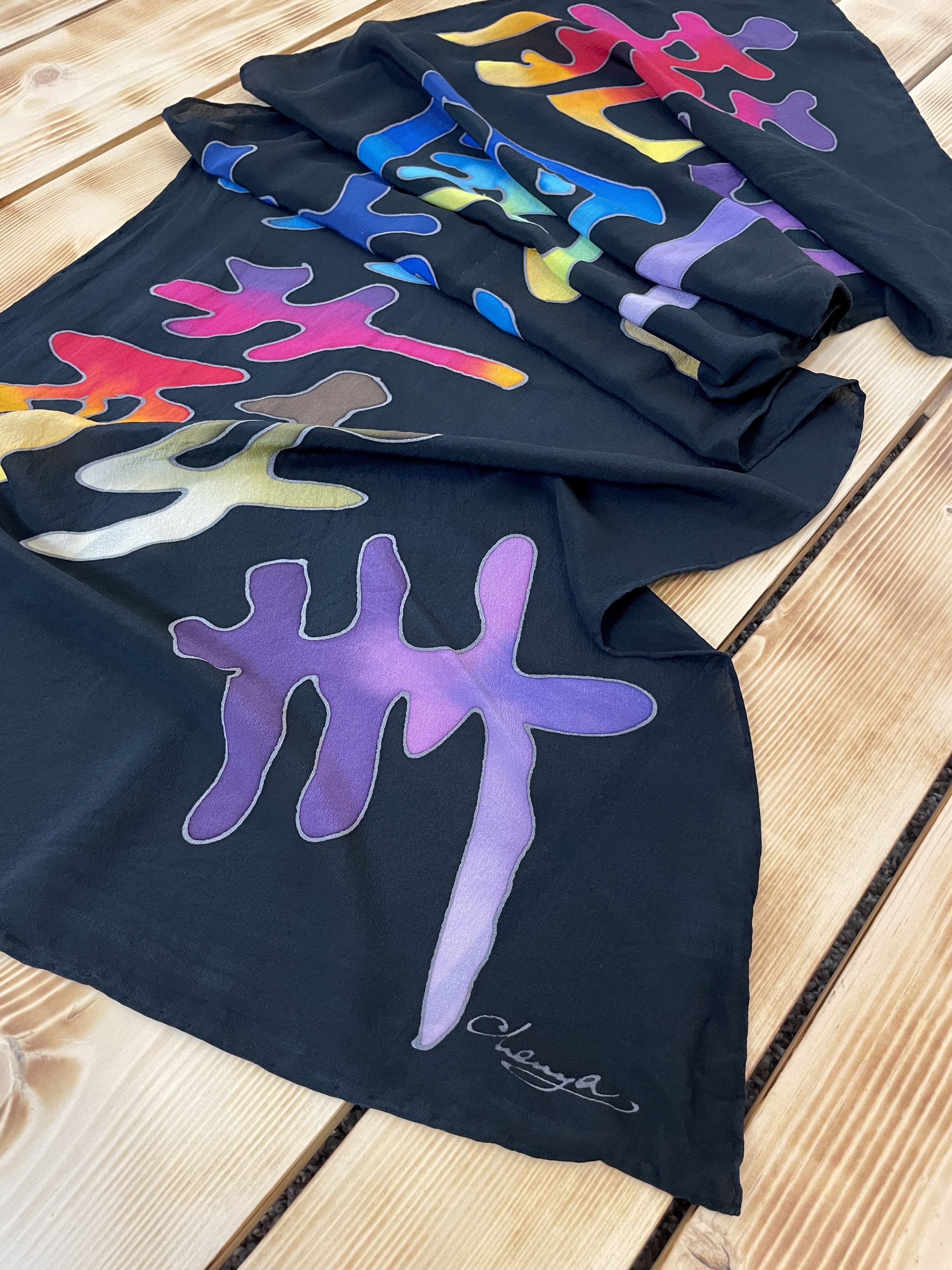 Japanese Brand Vintage Scarf Chinese Hieroglyphs Silk Size ONE SIZE - 2 Thumbnail