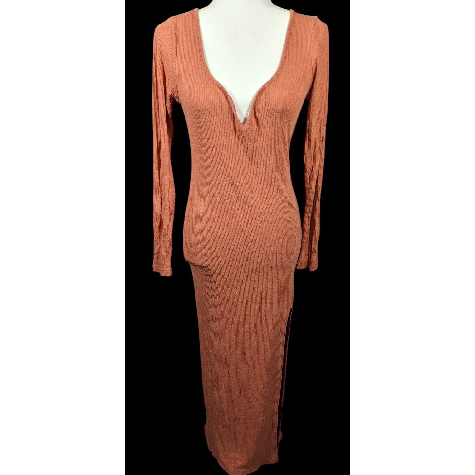 Asos Asos Preppy Muted Orange Ribbed Deep V Neck Side Slit Maxi D Size M / US 6-8 / IT 42-44 - 1 Thumbnail