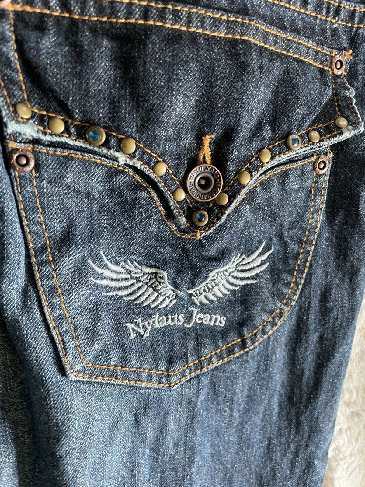 00s lagust python cardie ジレ vkei archive If Six Was Nine 2000s NYLAUS Vkei Flared Bootcut Stud Jeans