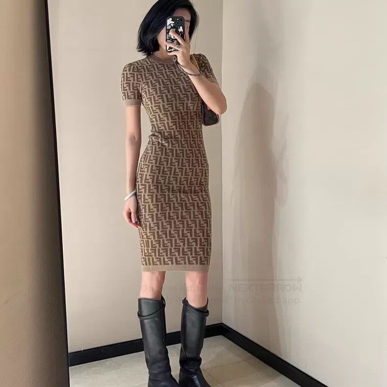 Fendi Fendi Brown All-Printed Waist-Tie Knit Short Sleeve Dress Size XS / US 0-2 / IT 36-38 - 1 Thumbnail