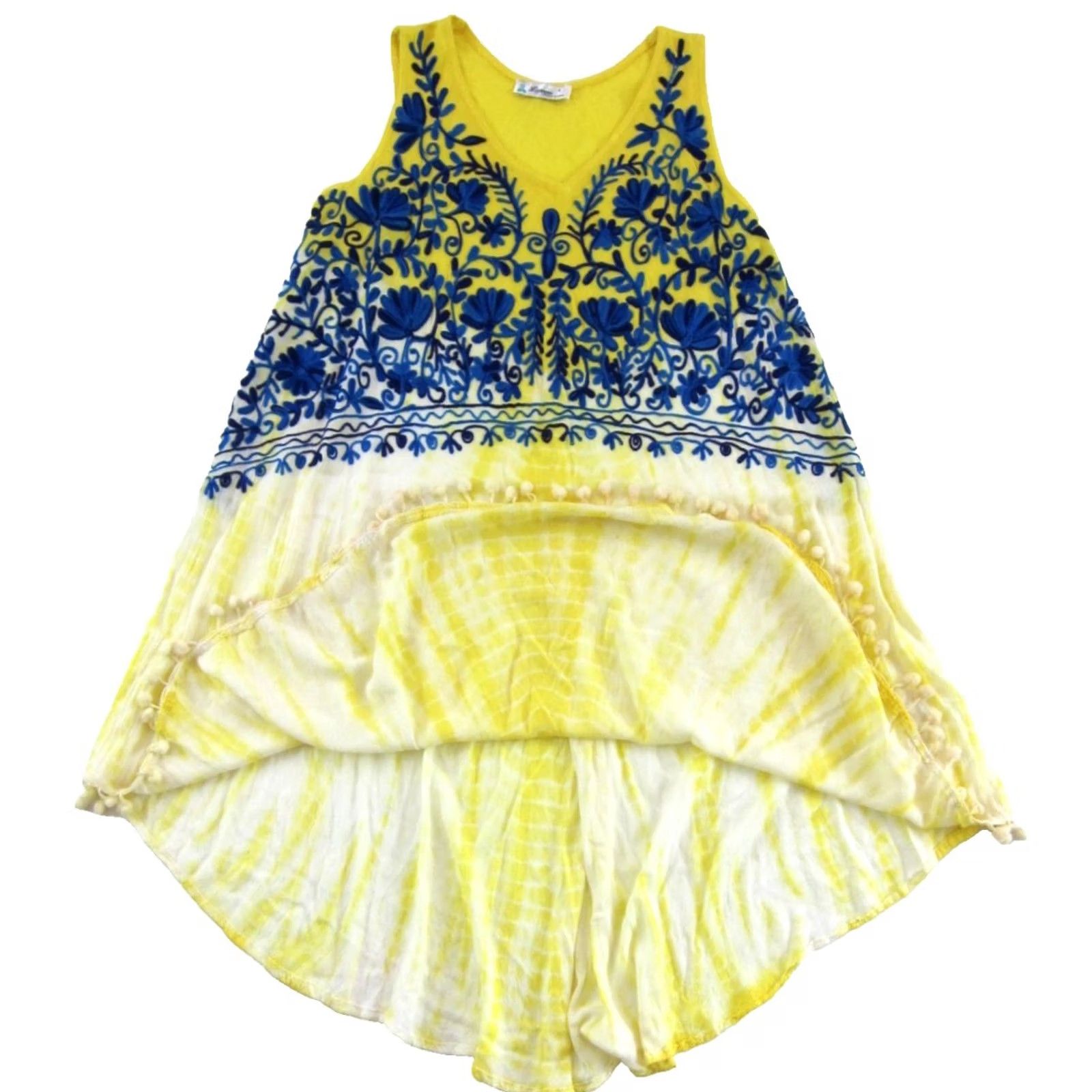 Vintage Lapogee Rayon Yellow Tie Dye Embroidered Floral Midi Tank Dress Large Size L / US 10 / IT 46 - 4 Thumbnail