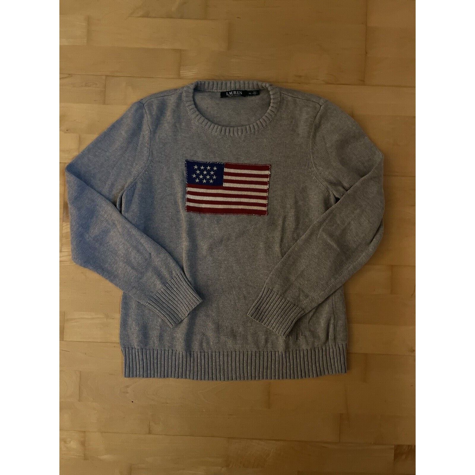 image of Lauren Ralph Laurent Grey Cotton American Flag Sweater Xl, Women's