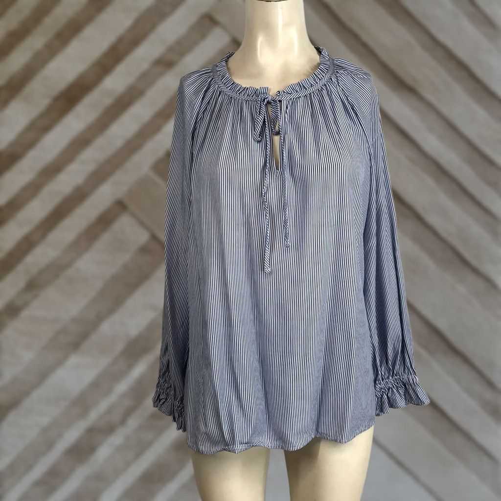 Loft LOFT Striped Tie Neck Blouse Women's Long Sleeve Ruffle Cuff Peplum Top L Size L / US 10 / IT 46 - 1 Thumbnail