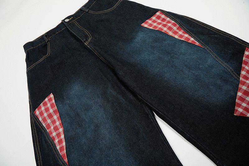 Jean American-Style Plaid-Embroidered Patchwork Jeans Size US 32 / EU 48 - 3 Thumbnail