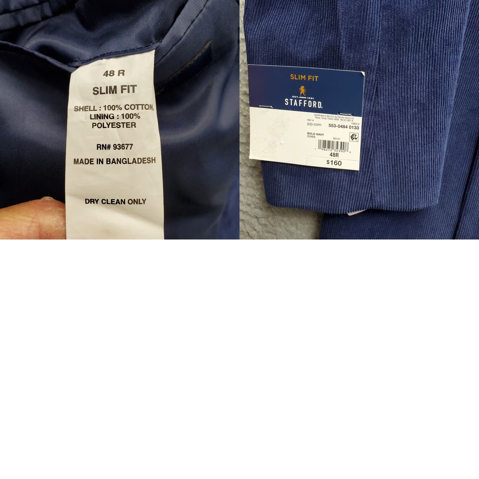 Stafford Stafford Navy Corduroy Blazer Mens 48 Slim Fit Double Breasted Peak Lapel Jacket Size 48R - 9 Thumbnail