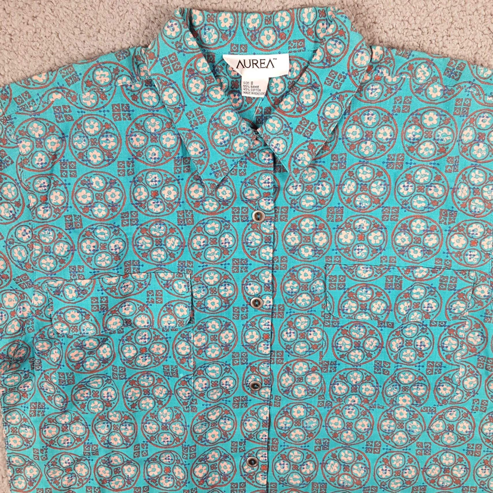 Vintage Vintage Aurea Women's Button-Up Shirt 8 Blue Geometric 90s Retro Casual Preppy Cotton Ramie Size M / US 6-8 / IT 42-44 - 2 Thumbnail