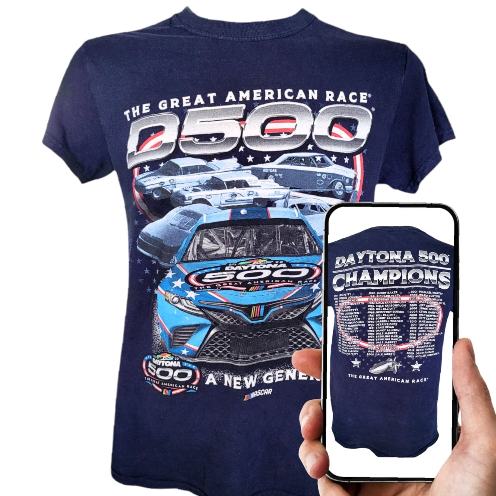 NASCAR VINTAGE NASCAR Daytona 500 Champions T-Shirt Small Navy Blue 100% Cotton Graphic Print NASCAR Apparel 1959 2021 Mens Size US S / EU 44-46 / 1 - 2 Thumbnail