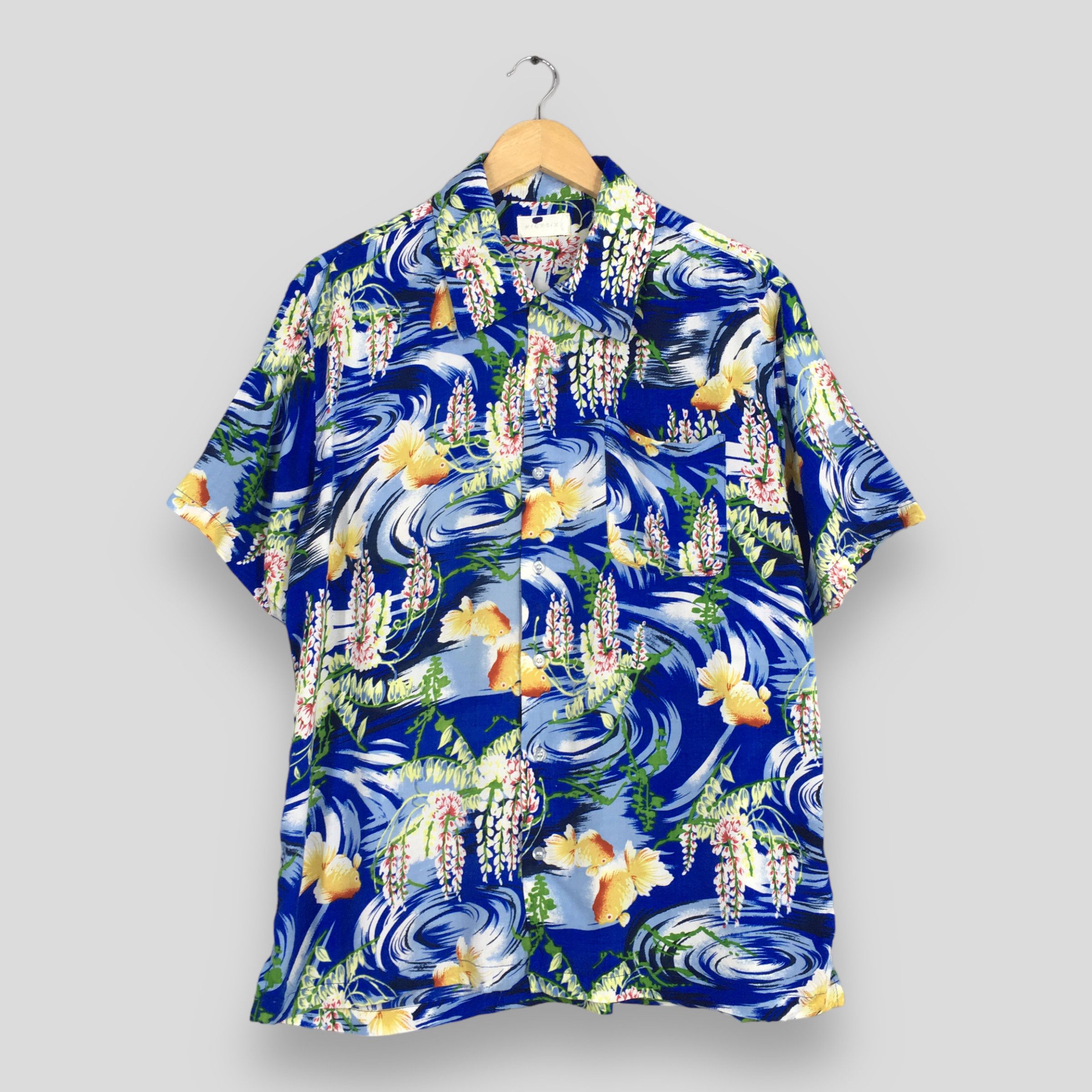 image of Aloha Wear x Hawaiian Shirt Vintage Hawaiian Patina Japanese Gold Fish Rayon Blue Shirt (Size Mediu