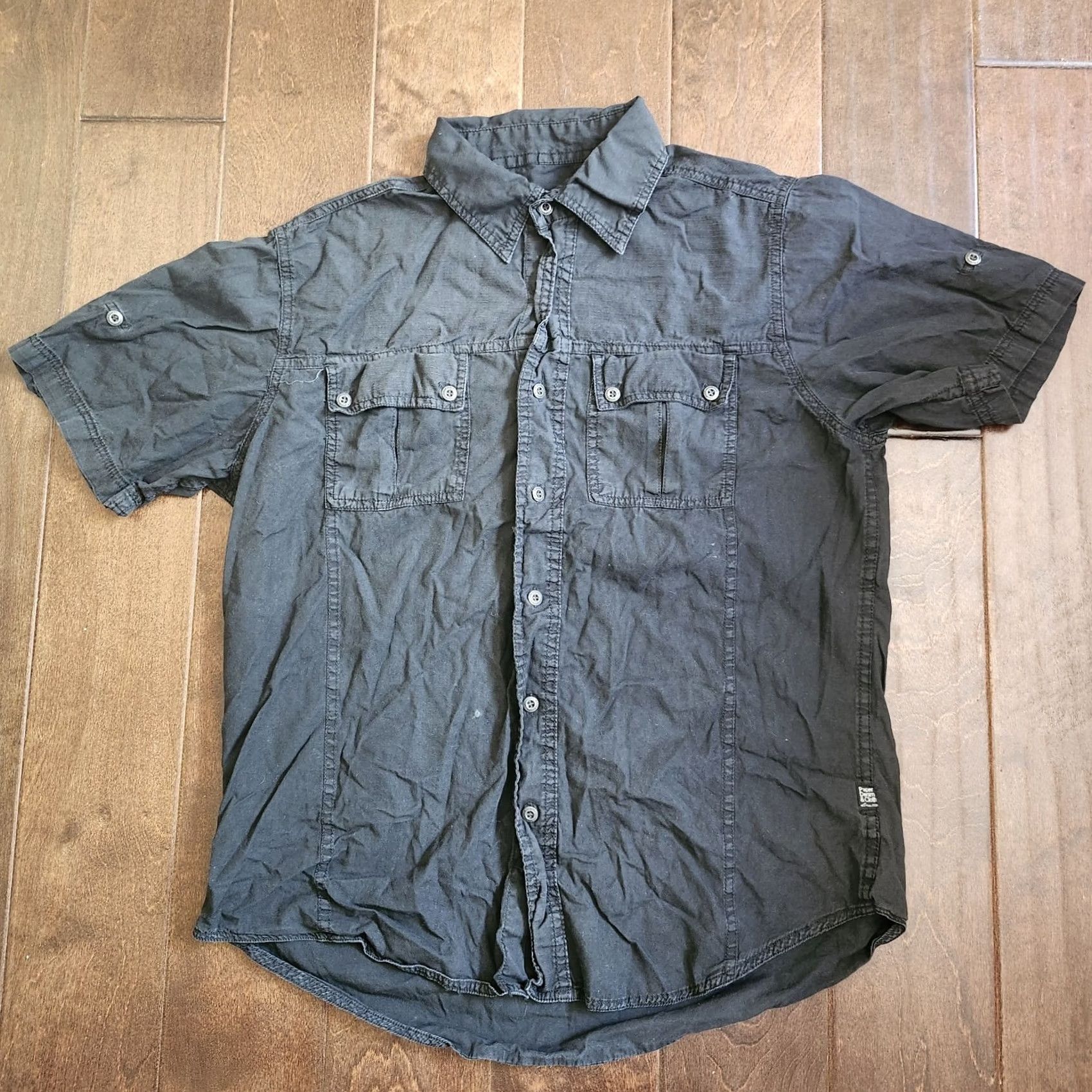 Denime Paper Denim & Cloth Black Short Sleeve Button Up Dress Shirt M Mens Regular Cotton Denim Stains Summer Casual Business 90s? Size 40R - 2 Thumbnail